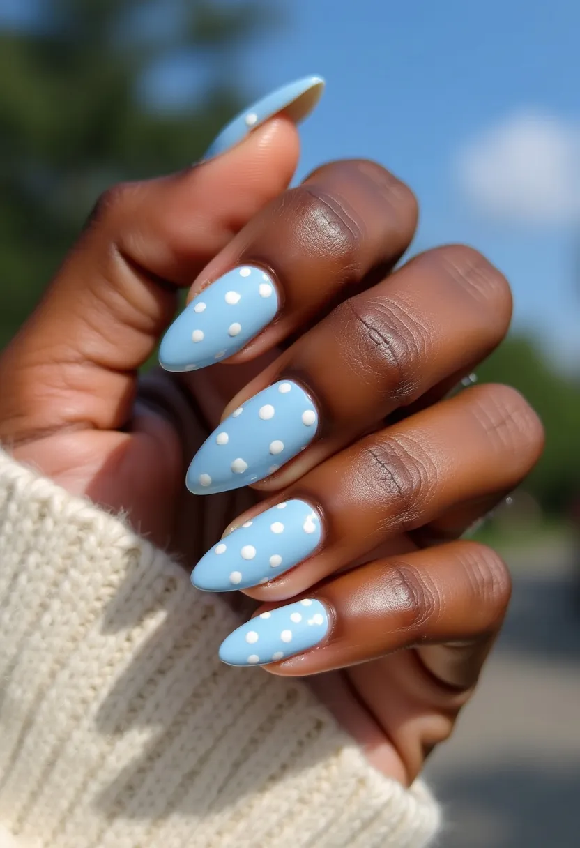 The nail design showcases a playful and charming look, utilizing a pastel blue color as the base, creating a soft and soothing aesthetic. The nails are shaped in a stiletto style, characterized by their pointed ends that add a modern, edgy appeal. Intricate white polka dots are evenly distributed across the surface of each nail, adding a fun and whimsical touch to the overall design. The finish suggests a gel treatment, given its smooth and glossy appearance, ensuring durability and a polished look. This design is perfect for spring or summer, exuding a fresh and youthful vibe that can be suited for both casual and semi-formal occasions.