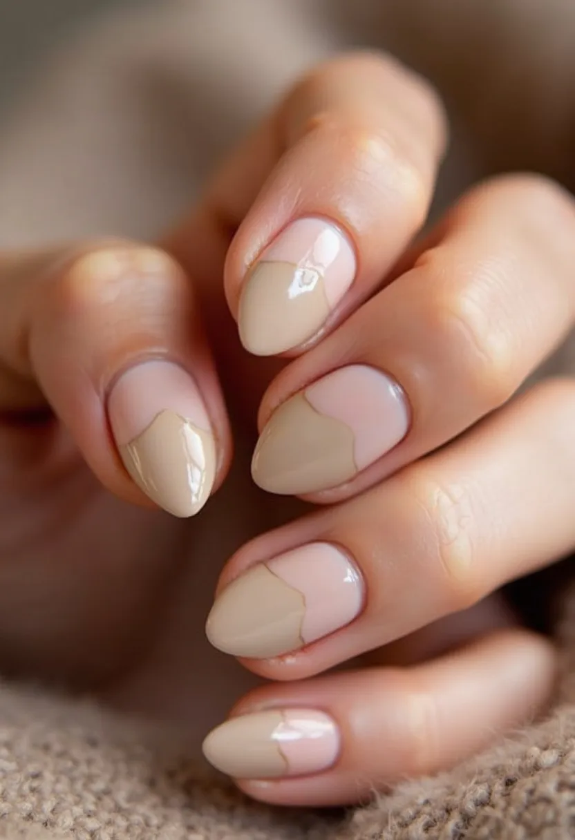 The nail design features an almond shape with a sophisticated color palette consisting of soft beige and muted nude tones. The nails exhibit an abstract pattern where the beige polish and nude base are divided by slight, curved transitions, creating a modern, minimalist look. The appearance suggests a glossy finish indicative of a gel nail treatment, providing a sleek and durable surface. The design showcases an elegant simplicity, making it suitable for both everyday wear and special occasions. The understated hues and abstract pattern lend themselves well to a versatile, season-neutral aesthetic.