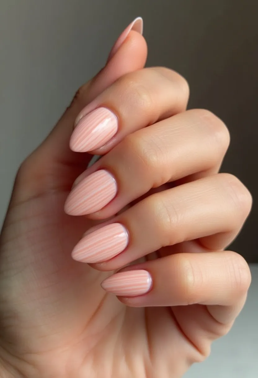 The nail design features a soft pastel palette with a dominant blush pink hue. The nails are shaped into a feminine almond form, providing a sleek and elegant silhouette. Each nail displays a subtle vertical striped pattern, adding an intricate texture to the design. The finish appears to be smooth and glossy, indicative of a gel or shellac treatment, which contributes to their polished and durable appearance. While there are no overt seasonal or occasion-specific elements, the soft colors and refined patterns make this design suitable for a wide variety of settings, from everyday wear to more formal occasions.