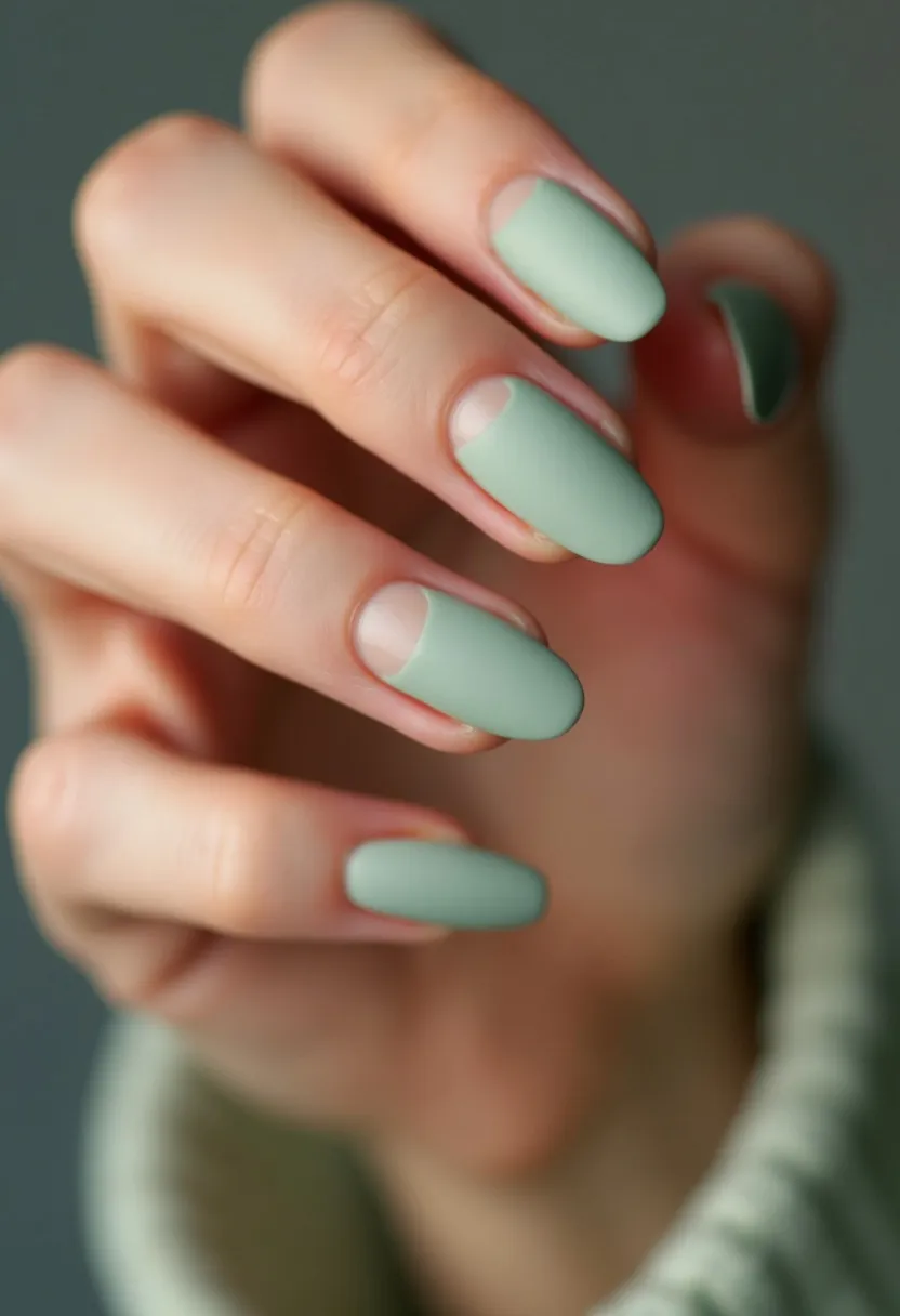 The nail design showcases a sophisticated matte finish in a soft sage green color palette. The nails are shaped into a moderate almond shape, providing an elegant and elongated look. The design features a minimalist pattern with a subtle half-moon effect near the cuticle on each nail, leaving a small portion of the natural nail exposed. This intricate detail adds a modern and chic touch to the overall design. The treatment appears to be gel, considering the smooth and flawless application. This nail design is versatile and suitable for various occasions, exuding a fresh and understated elegance appropriate for both everyday wear and special events, particularly fitting for spring or autumn seasons.