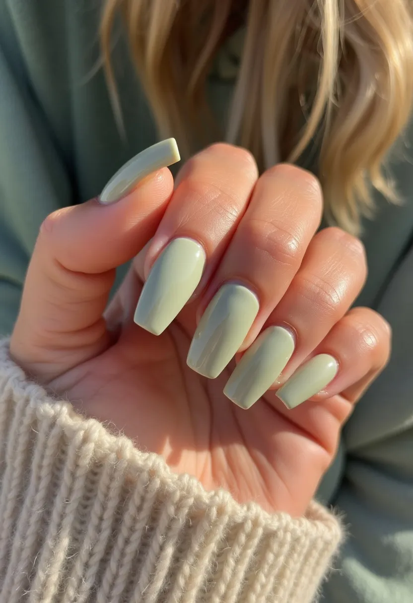 The nail design features a soft, pastel green color palette that exudes a calm and fresh vibe, perfect for spring or summertime. The nails are shaped in a long, coffin style, providing an elegant and contemporary appearance. This nail treatment appears to be gel, giving it a glossy and smooth finish that highlights the delicately polished look. There are no intricate patterns or additional decorations, allowing the serene pastel green to stand out as the primary aesthetic feature. The design's simplicity and elegance make it a suitable choice for a variety of both casual and formal occasions.