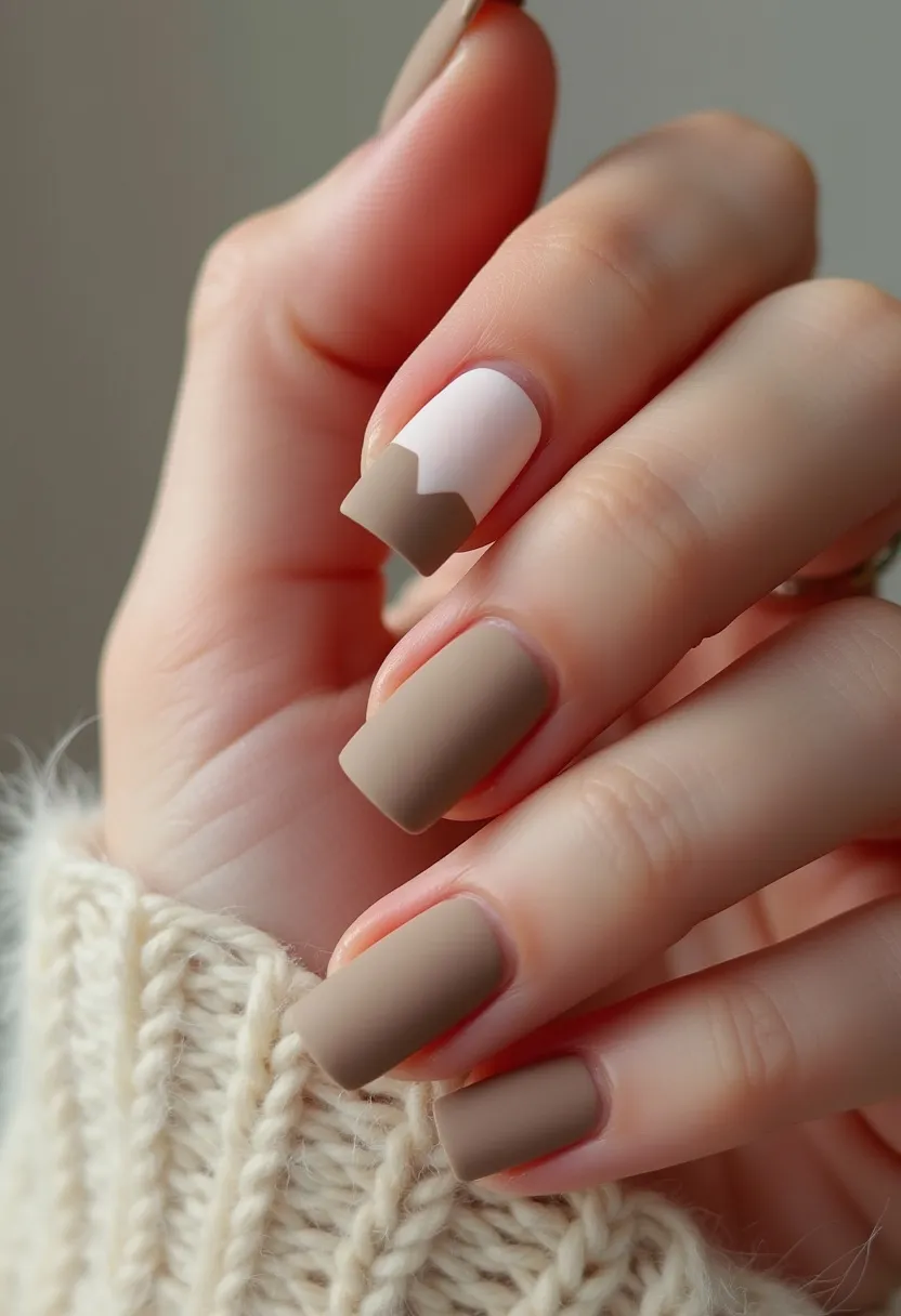 This nail design features a sophisticated and muted color palette primarily consisting of taupe and white. The nails are shaped in a medium-length, slightly rounded square shape, providing a modern and elegant appearance. Most of the nails are painted in a matte taupe color, contributing to a chic and understated look. The accent nail, likely the ring finger, stands out with a unique pattern—it has a base color of white with a taupe geometric design on the tip, creating a visually intriguing contrast and adding a touch of creativity to the overall design. This nail art seems to be created using gel polish, known for its longevity and glossy finish, although in this case, a matte top coat has been applied. The design appears suitable for the fall season due to its earthy tones, but its elegance makes it appropriate for various occasions, both casual and formal.