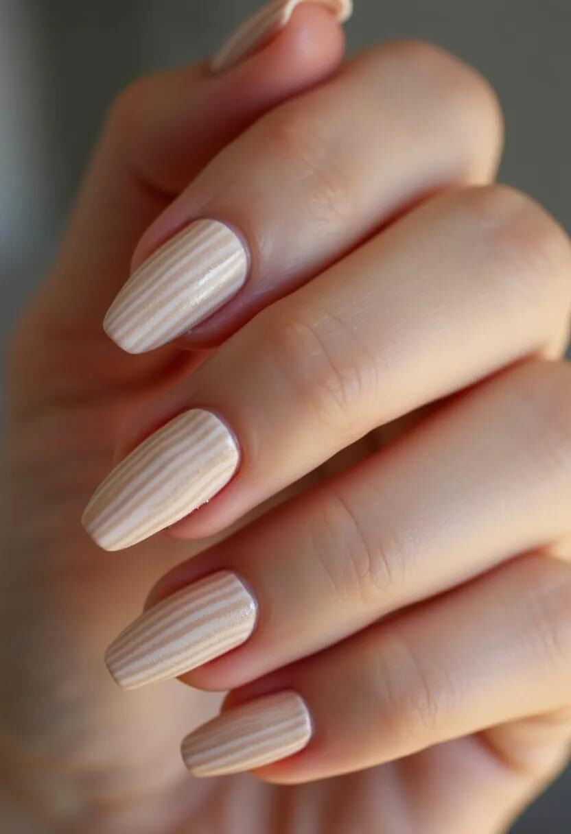 The nails are sported in a sleek almond shape and feature a sophisticated striped pattern. The color palette is subtle and refined, primarily utilizing neutral tones such as beige and nude shades. Each nail showcases a series of delicate, vertical stripes in a slightly lighter hue, creating a visually pleasing contrast while maintaining an elegant, understated look. The finish appears to be smooth and glossy, suggesting a gel treatment, which provides a durable and shiny result. The design is versatile and suitable for various settings, displaying a minimalist aesthetic that can be appropriate for both professional environments and casual occasions. The simplicity and neutrality of the design make it timeless and seasonless, effortlessly complementing any outfit or event without overshadowing it.