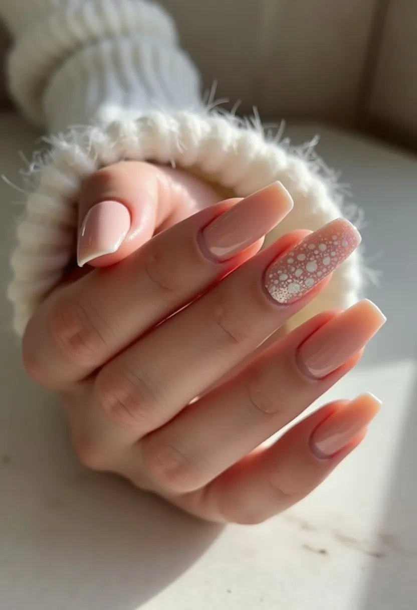 This nail design features a soft pastel color palette primarily based on a nude or light pink base color, providing a clean and elegant look. The nails are shaped into a medium length, square-rounded tip, enhancing the sophisticated appearance. All nails are uniformly polished except for the ring fingernail, which is adorned with an intricate bubble pattern in white, creating an eye-catching accent to the otherwise simple design. This pattern offers a touch of whimsical elegance, which could be well-suited for a winter or festive theme. The smooth, shiny finish and well-defined shapes suggest the use of gel or acrylic treatment, known for providing durability and a polished look. This design strikes a balance between everyday wearability and subtle festive flair, making it versatile for various occasions.