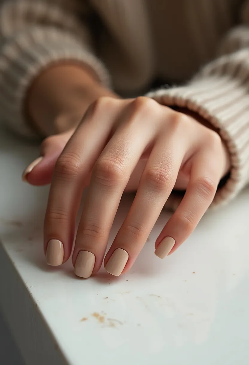 The nail design showcases a minimalistic and elegant look, featuring a palette centered around a nude beige color. The nails are medium-length and have a well-manicured, square shape with rounded edges. The finish appears smooth and shiny, indicating a possible gel or shellac treatment which adds to the polished, chip-resistant surface. There are no intricate patterns or decorations, emphasizing a classic and clean aesthetic suitable for everyday wear or professional settings. The neutral tone and simplicity contribute to a versatile design that complements any season or occasion.