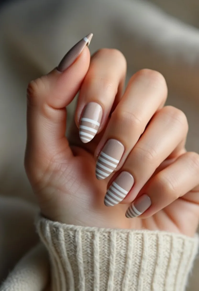 The nail design features an elegant, understated color palette consisting of soft nude tones paired with crisp white accents. The nails are shaped into a stylish almond form, providing a sophisticated and elongated appearance to the fingers. Each nail is decorated with neat, horizontal white stripes, giving a modern and clean aesthetic. These stripes vary in width and spacing, adding a touch of visual interest and dynamism to the look. The nails appear to be treated with a gel or a shellac finish, ensuring a smooth and glossy surface that enhances the design's refinement. This chic nail art is versatile, suitable for both casual and formal settings, and fits seamlessly with seasonal themes such as autumn or winter, or special occasions where a polished, minimalist look is desired.