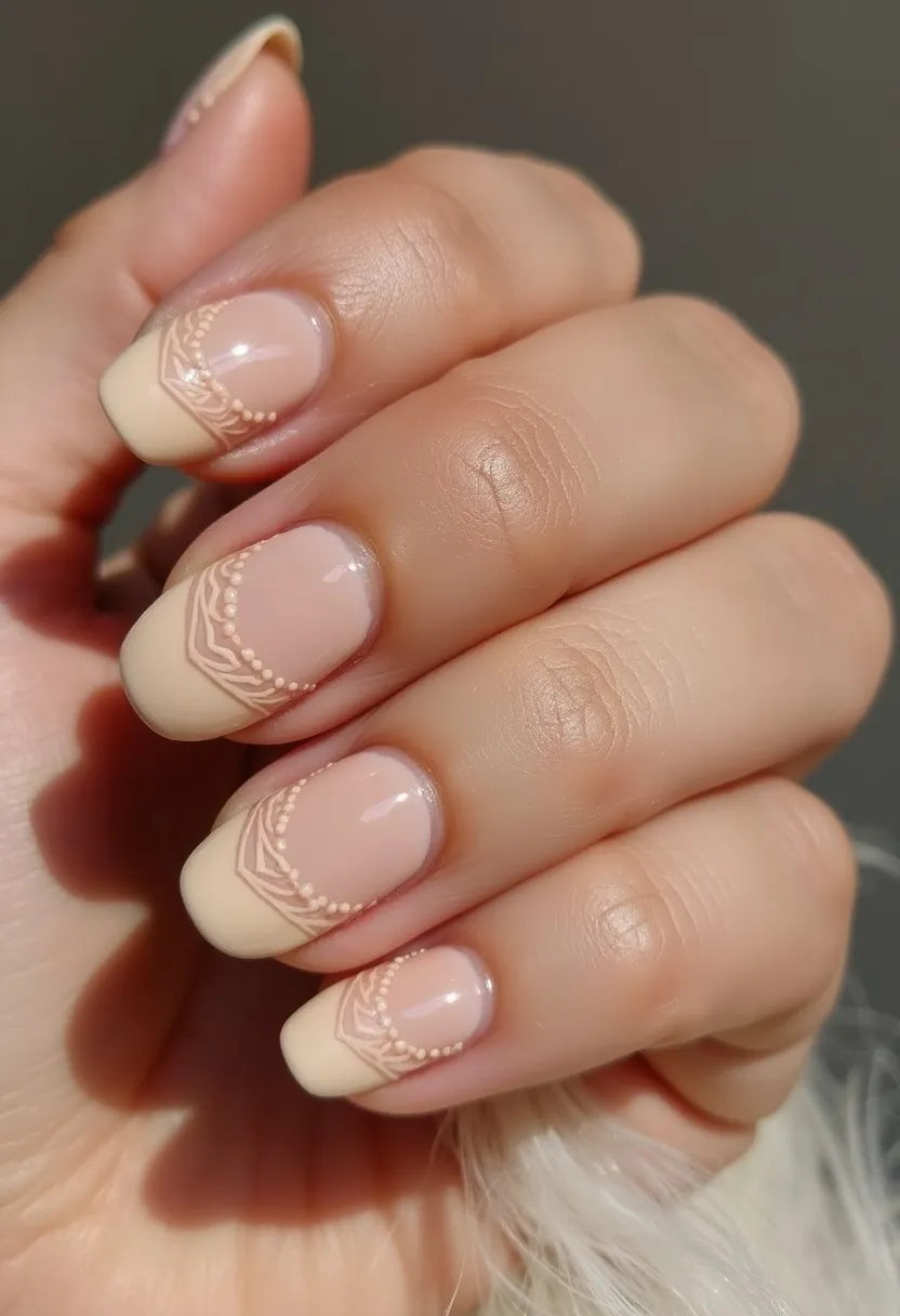 The nails exhibit a sophisticated French manicure with a soft, nude pink base and creamy white tips. Each nail features a square shape with well-defined, clean lines. Intricate lace-like patterns and small dot details adorn the base of the white tips, creating a delicate and elegant look. The design appears to be achieved using a gel or shellac treatment, ensuring a shiny and durable finish. This combination of colors and patterns makes it suitable for a bridal theme or a classic, timeless occasion, emphasizing refinement and subtlety in the overall presentation.