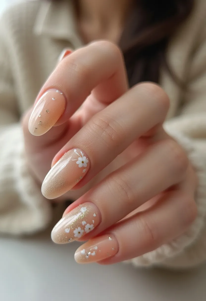 The nail design features a delicate and elegant look, utilizing a soft peachy-nude color palette with hints of golden glitter. The nails are shaped in a graceful almond form, enhancing the elongation of the fingers. Intricate details include small, white flower decals strategically placed on a few nails, adding a touch of floral charm. The presence of subtle golden flecks suggests a possible use of gel or shellac treatment, giving the nails a high-shine and durable finish. This design, with its light and airy feel, is perfect for spring or summer seasons and would be suitable for special occasions like weddings or garden parties.