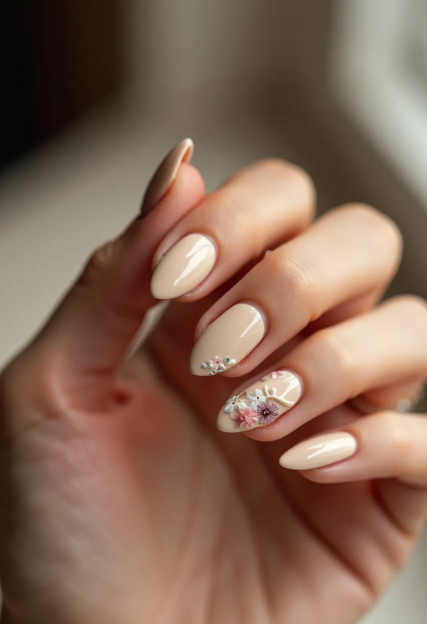 The nail design features an almond shape and a soft, beige base color, ideal for a neutral and sophisticated look. This manicure appears to be a gel treatment, contributing to its high-gloss finish. Two of the nails, specifically the ring and middle fingers, are adorned with delicate floral decorations in pastel shades of pink, white, and lavender, arranged in a tasteful 3D pattern to add texture and charm. The flowers seem intricately detailed, enhancing the overall elegant aesthetic perfect for a spring or summer theme, possibly suitable for a special occasion such as a wedding or garden party.