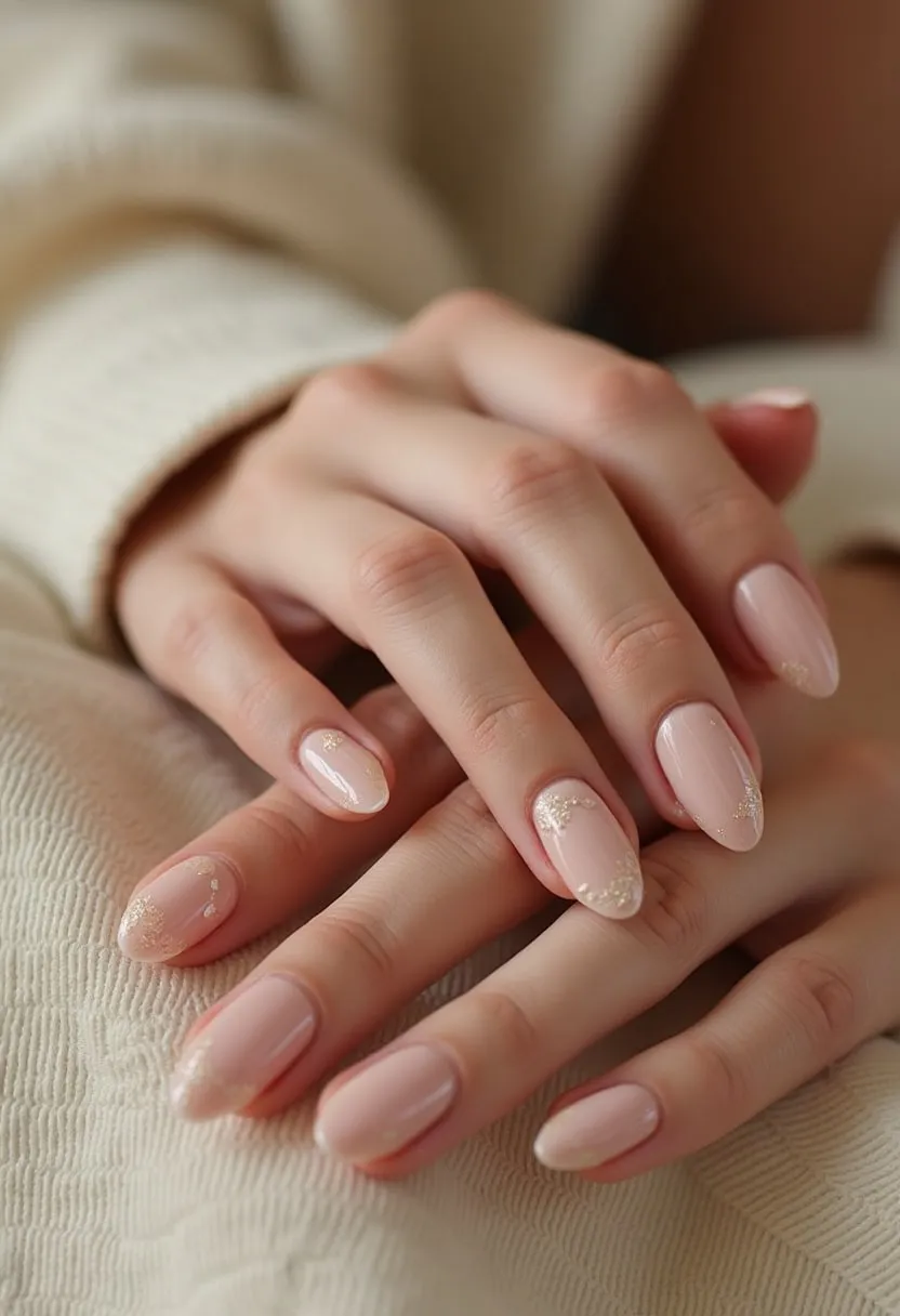 This nail design showcases almond-shaped nails painted with a soft pink base color. The nails feature delicate golden glitter accents forming intricate floral patterns near the tips and bases. The subtle blend of the pink and gold hues adds a touch of elegance and sophistication to the overall look. The glossy finish of the nails suggests a gel or shellac treatment, providing a smooth and shiny appearance. This design is versatile and can be suitable for various occasions, including weddings, formal events, or even as a refined everyday look. The intricate details and soft color palette make it a perfect choice for any season, offering both simplicity and elegance.