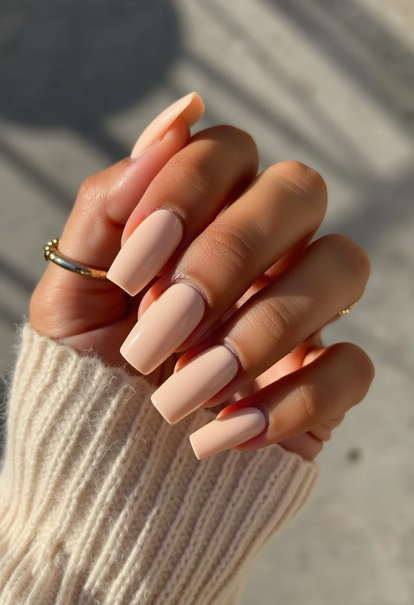 The nail design showcases a contemporary and sleek appearance with medium to long coffin-shaped nails. The color palette is a soft, neutral peachy-nude, which exudes elegance and minimalist aesthetics. The nails are smoothly polished, indicating either a gel or acrylic treatment, providing a glossy and pristine finish. This style does not feature any intricate patterns or additional decorations, maintaining its simplicity and sophistication. The design is versatile and suitable for various occasions, from everyday wear to special events, and can easily align with any seasonal theme due to its timeless nature.