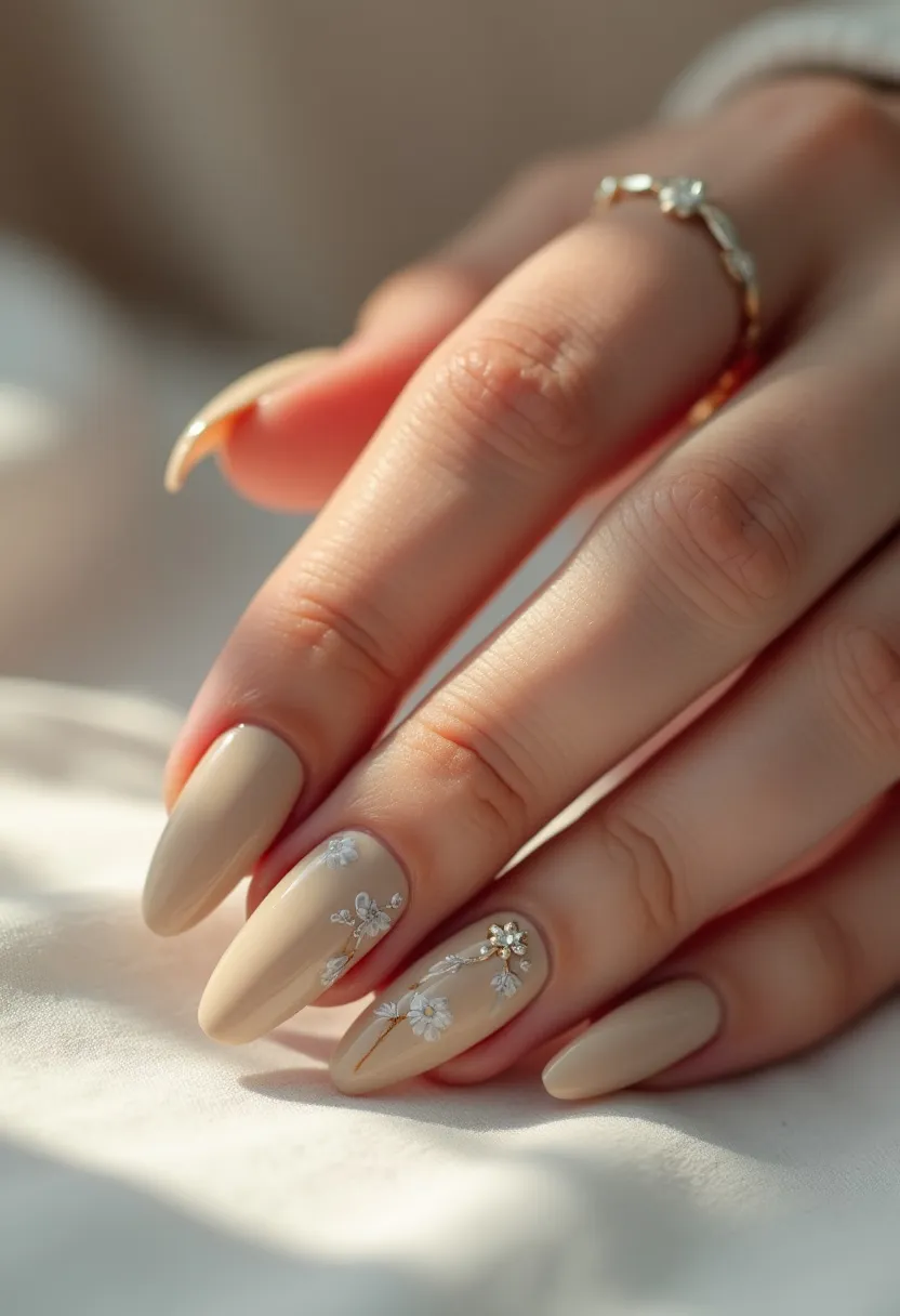 The nail design features a soft, neutral beige color palette, providing an elegant and understated look. The nails are shaped in a medium-length almond style, which adds to the sophistication of the overall design. Intricate decorations adorn the ring and middle fingers, showcasing delicate white floral patterns with small rhinestone embellishments at the centers, adding a touch of sparkle. The floral patterns evoke a fresh and blooming theme, possibly suitable for spring or summer occasions. While the type of nail treatment is not explicitly stated, the smooth and glossy finish suggests a gel or shellac application, ensuring durability and a polished appearance. The design is complemented by a subtle, decorative ring worn on one of the fingers, enhancing the refined aesthetic of the nails.