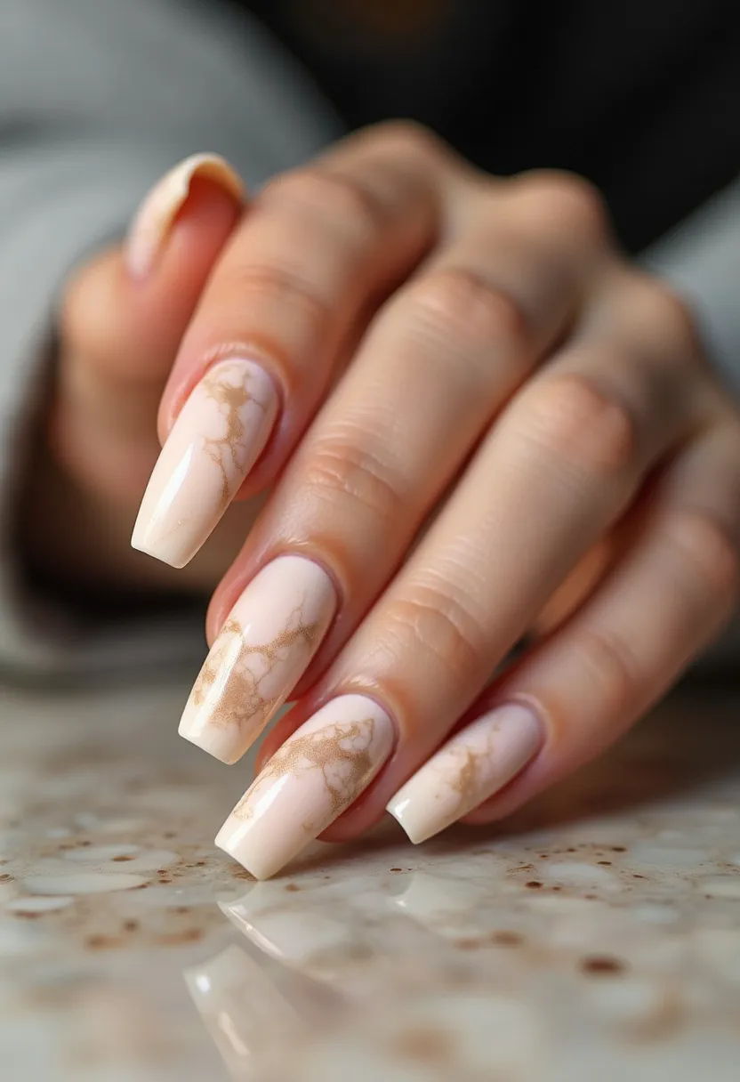 The nail design features long, coffin-shaped nails adorned with a sophisticated marble effect. The color palette includes a soft, creamy beige base intertwined with elegant gold veins, creating a luxurious appearance. The intricate marbling pattern adds depth and texture, enhancing the overall opulence of the manicure. The treatment appears to be done using gel polish, providing a glossy and durable finish. This design can be fitting for formal occasions or seasonal themes such as autumn, as the warm hues complement the season's rich color spectrum. The artistic execution and sleek shape make it a standout style.