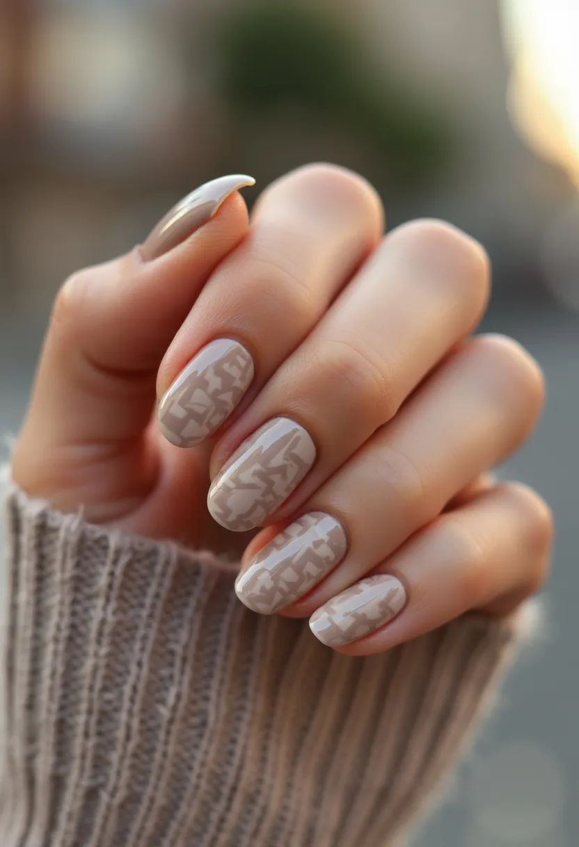 This nail design features a sophisticated and neutral color palette with shades of taupe and beige. The nails are shaped in a medium-length almond form, offering an elegant and timeless look. The intricate pattern consists of a subtle, geometric checkered design overlayed on the taupe base, creating a stylish yet understated pattern. The nails appear to be treated with either gel or shellac, given their smooth and glossy finish. This design is versatile and appropriate for various occasions, with a cozy feel that is particularly well-suited for the autumn or winter seasons. The delicate geometric pattern adds a touch of uniqueness to the otherwise classic and simple aesthetic.