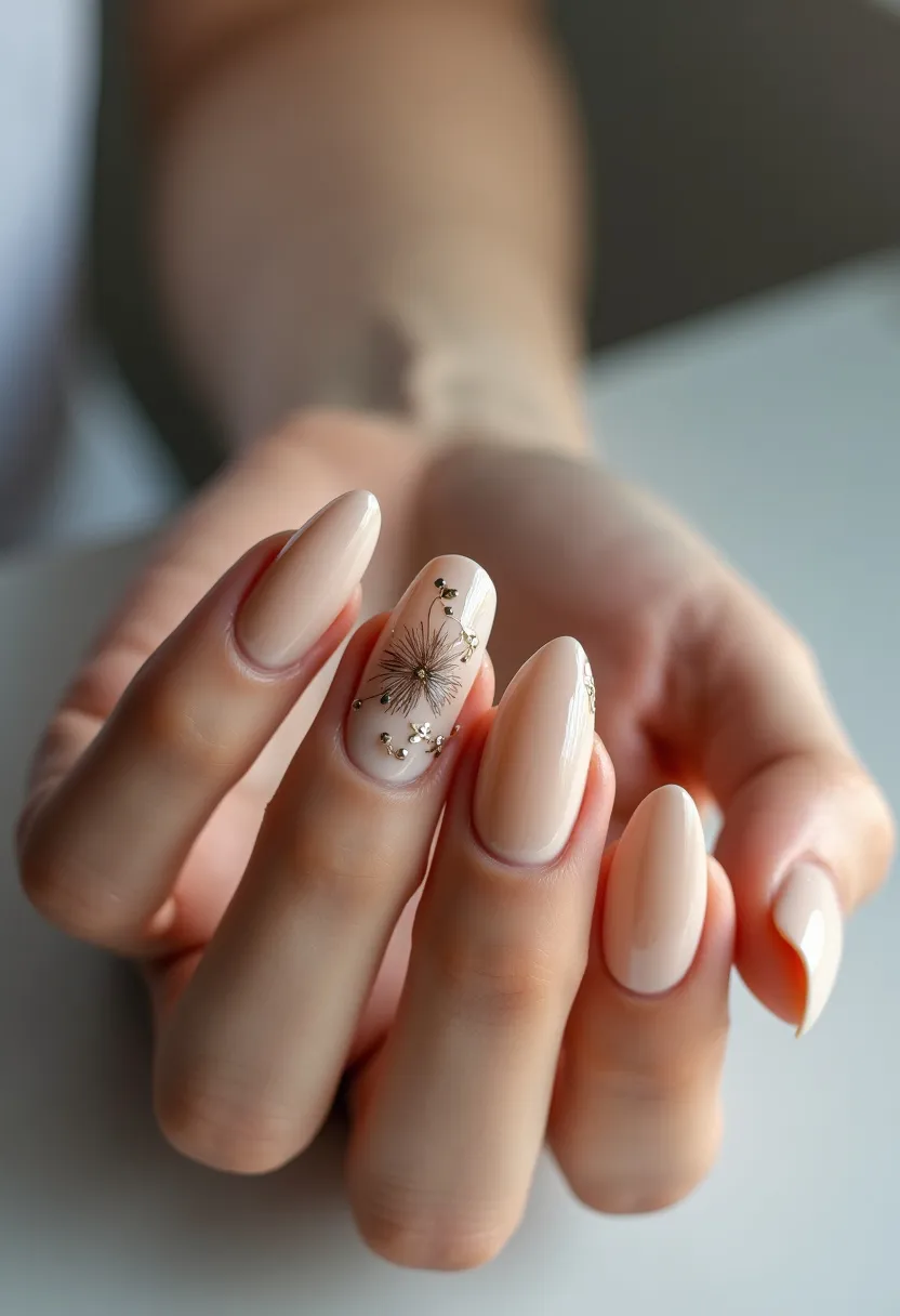 This nail design features an elegant and minimalist aesthetic, with the nails painted in a delicate nude color palette. The nails are shaped in an almond form, showcasing a sophisticated and elongating look. Intricate patterns adorn the ring and middle fingers, with dainty floral designs made up of fine gold embellishments and subtle white accents that resemble blooming flowers. These artistic details are likely achieved using gel polish, ensuring a smooth and shiny finish that highlights the intricate artwork. The overall design exudes a timeless charm suitable for special occasions such as weddings or formal events, while also fitting seamlessly into a spring or summer seasonal theme.