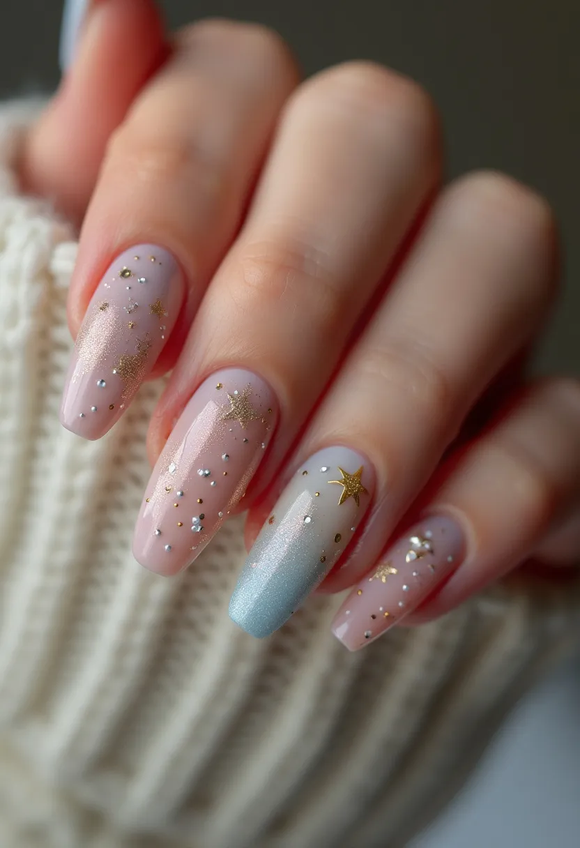 The nail design features a soft pastel color palette with hues of light pink and blue, creating a tranquil and elegant look. The nails are long and almond-shaped, providing a sophisticated canvas for intricate detailing. Delicate gold star decals and small metallic dots are scattered across the nails, adding a touch of celestial charm. Some nails feature a subtle gradient effect, seamlessly transitioning from the pink base to a light blue tip. The treatment appears to be gel, which offers a glossy finish and durability. The overall design exudes a whimsical and dreamlike quality, making it suitable for festive occasions, particularly in the winter season.