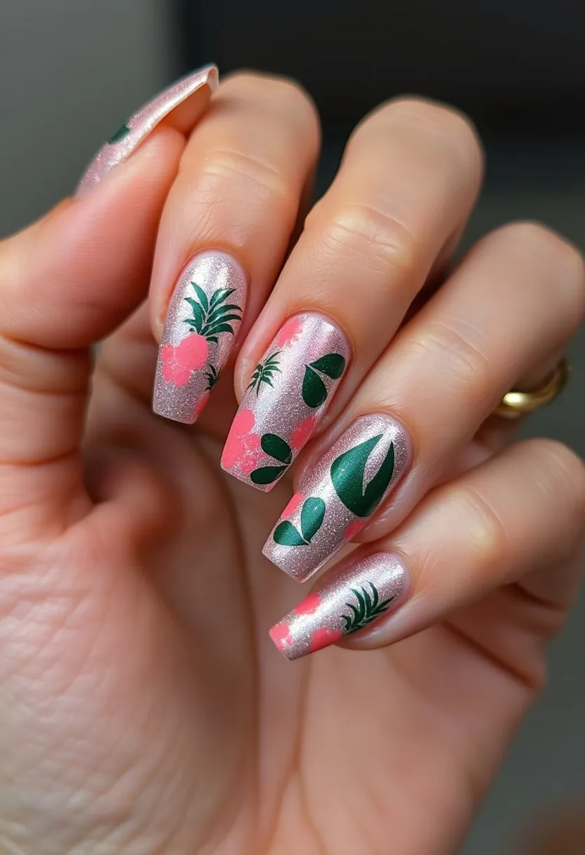 The nail design features a delicate pink base with a subtle shimmer, suggesting the use of a gel or shellac treatment. The nails are medium-length and shaped into a tapered square or coffin style, providing a modern and sophisticated look. Decorating the nails are intricate tropical patterns consisting of green leaves and pink flower motifs, enhancing the vibrant and refreshing aesthetic. These designs evoke a summer or tropical theme, making them ideal for warmer seasons or a vacation setting. The overall look is completed with glossy finish, adding a polished and refined appearance.