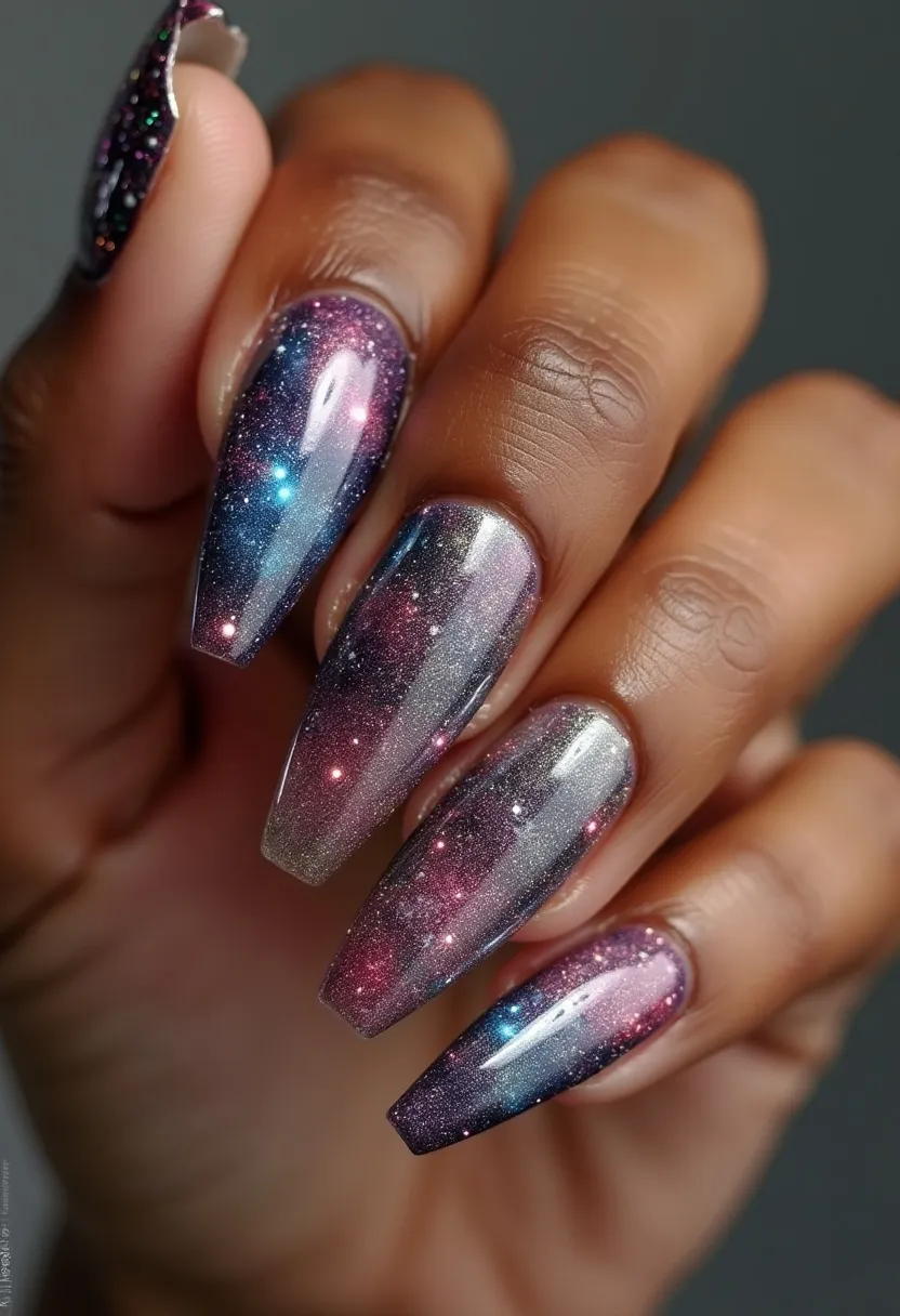 The nail design features an enchanting galaxy theme with a color palette that includes deep purples, blues, pinks, and hints of white and silver, creating a cosmic effect. The nails are long and almond-shaped, providing an elegant canvas for the intricate design. Sparkles and tiny dots imitate stars scattered across the nails, enhancing the galactic feel. The finish appears to be a gel treatment, providing a high-gloss shine and durability. This unique design suits special occasions like parties or themed events and brings a dreamy, otherworldly aura to the nails.