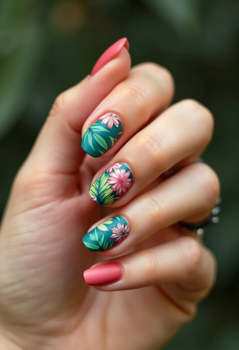 The nail design features a striking palette primarily consisting of matte coral and teal hues. The nails are medium length with a rounded shape. The intricate patterns on the teal-painted nails resemble tropical flora, with detailed pink and white flowers and green leaves, creating a vibrant and summery theme. The coral-painted nails are solid and maintain a minimalist aesthetic that complements the intricate floral designs on the other nails. The overall look suggests that a gel or shellac treatment has been used to achieve the vibrant colors and smooth finish, making it an ideal choice for a summer holiday or beach event.