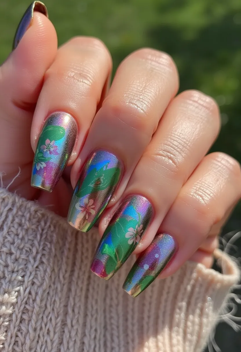 This nail design features an iridescent color palette with a predominance of green, purple, and gold hues. The nails are long and shaped into a coffin style, providing an elegant and modern aesthetic. Each nail showcases an intricate design that includes delicate white floral and leaf patterns, enhancing the overall visual appeal. The finishing appears to be a type of gel polish, contributing to the glossy, reflective surface that complements the iridescent base. The design exudes a spring or summer theme, suitable for special occasions or everyday wear when a touch of sophistication and artistry is desired.