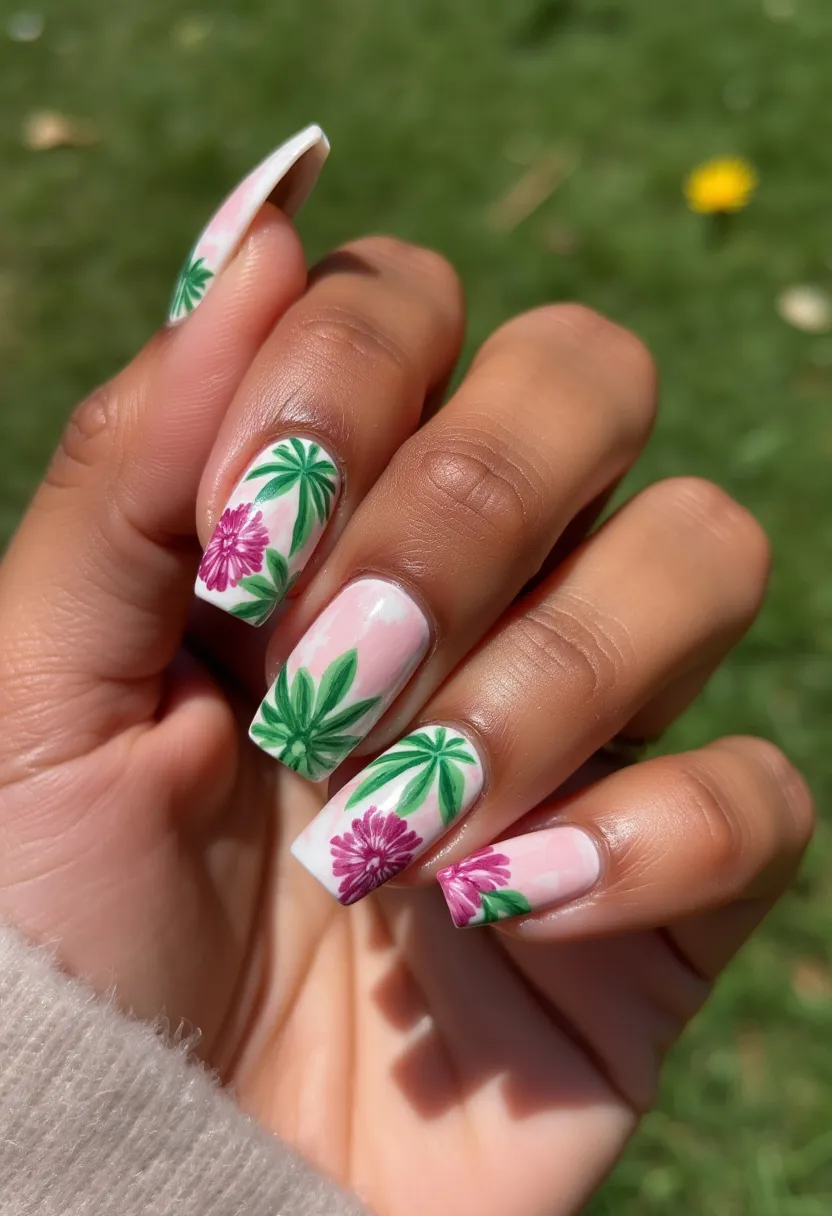 This nail design showcases a spring-inspired palette with a soft pink base color adorned with vibrant green leaves and dark pink floral accents. The nails are shaped into a trendy square form, providing a fashionable and modern look. The intricate patterns involve detailed hand-painted flowers and leaves, reflecting a nature-themed aesthetic. These nails appear to be treated with gel polish, given their glossy finish and smooth surface. The botanical motifs and bright colors signify a celebratory design suitable for seasonal settings or special occasions like garden parties or spring weddings.