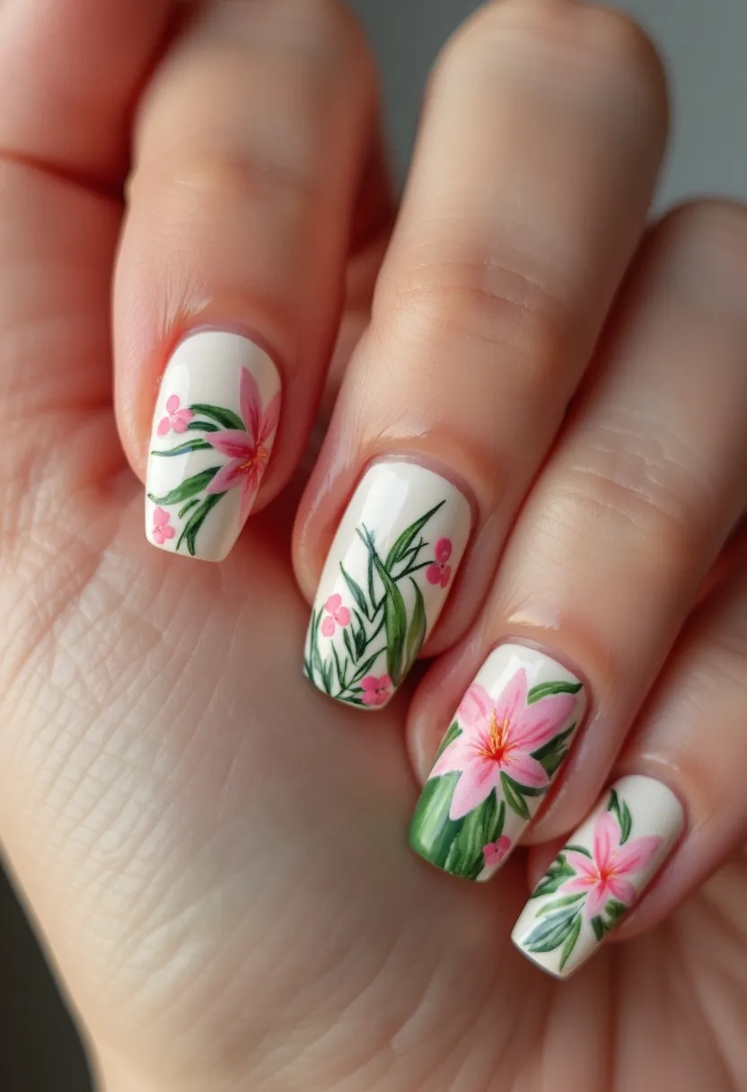 The nail design features a soft and delicate aesthetic with a white base color palette adorned with intricate floral patterns. Each nail showcases beautifully detailed pink flowers with green leaves, giving off a fresh and vibrant spring or summer vibe. The flowers vary slightly in size and arrangement across the nails, adding a touch of uniqueness to each. The nails are medium in length with a square shape, and the art appears to be meticulously hand-painted, likely done with a gel or acrylic treatment to ensure durability and a glossy finish. The overall look is suitable for special occasions such as weddings or garden parties, emphasizing an elegant and natural theme perfect for warmer seasons.