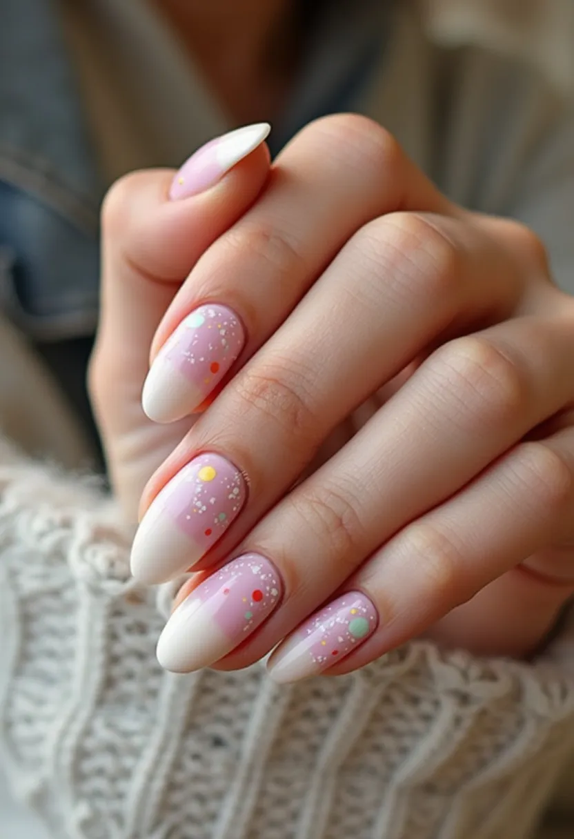 These nails feature a sophisticated almond shape with an elegant color palette comprising a soft gradient from a creamy white to a delicate pastel pink. The design includes intricate patterns with multicolored dots in shades of red, yellow, mint green, and white, creating a visually appealing contrast against the pastel background. The sprinkling of white dots mimicking snowflakes adds a whimsical touch, suggesting a winter or festive theme. This nail art appears to be a gel treatment, providing the shiny and smooth finish evident in the photo. The overall look is playful yet chic, suitable for both everyday wear and special occasions.