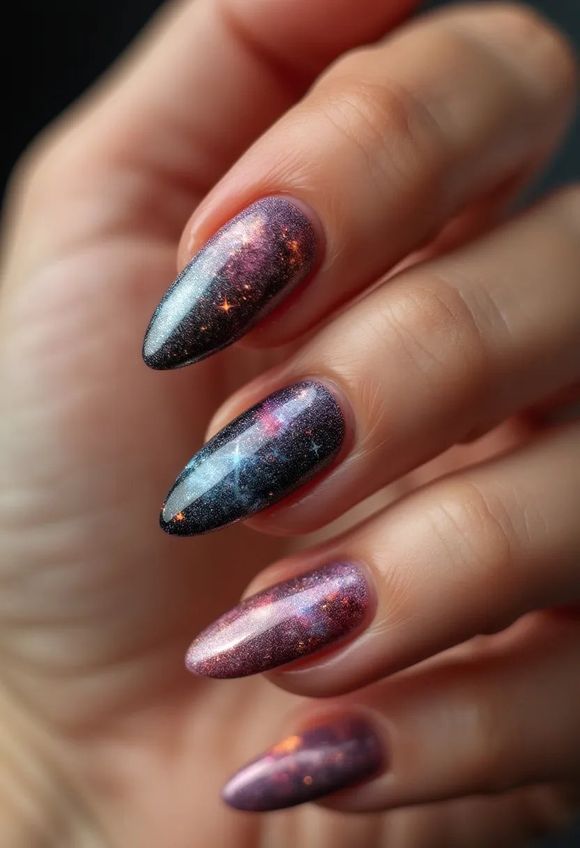 The nail design showcases a stunning galaxy-inspired theme on almond-shaped nails, employing a color palette that features deep blues, purples, blacks, and hints of pinks and oranges. These colors are intertwined in a way that mimics the cosmic space with star-like sparkles, creating a mesmerizing, infinite universe effect. The nails have a glossy finish, suggesting a gel treatment that enhances the vibrant, shimmering hues and intricate cosmic patterns. Each nail displays variations of nebulas and star clusters, making the design unique and captivating. This design would be particularly fitting for special occasions or themed events, providing a celestial and fantastical touch to the overall look.