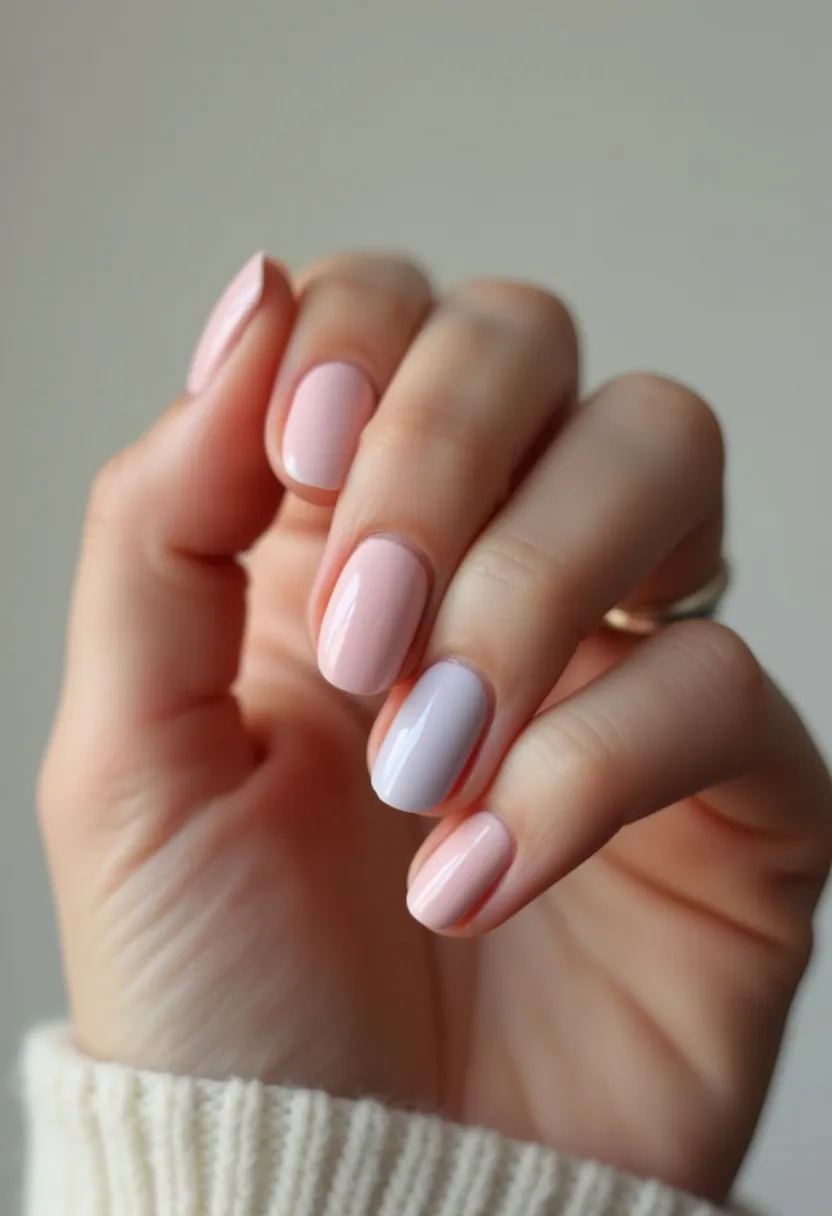 This nail design showcases a soft and feminine color palette featuring pastel pink and lilac hues. The nails are shaped into a short, rounded style, which is both practical and elegant. The use of a glossy finish suggests a gel treatment, imparting a sleek and polished look. There are no intricate patterns or additional decorations, maintaining a clean and minimalistic aesthetic. The choice of pastel colors and simplicity is ideal for a spring or summer theme, reflecting a fresh and light-hearted vibe suitable for various occasions, from everyday wear to special events.