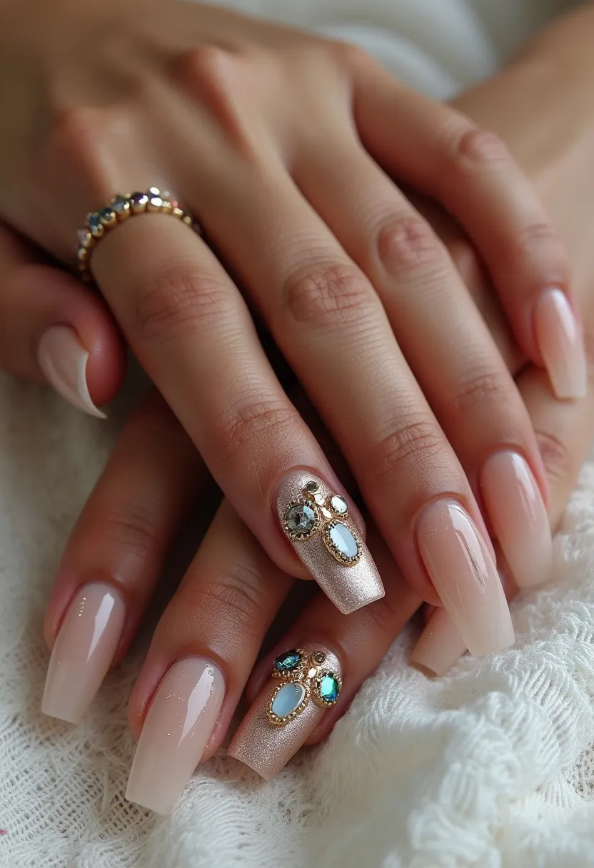 This nail design features a soft and elegant color palette, primarily utilizing a light beige or nude shade with a glossy finish, indicative of a gel or shellac treatment. The nails are shaped in a long, square or coffin style, offering a sophisticated look. On a couple of nails, intricate decorations include large, eye-catching gemstones in teal, clear, and opalescent hues, set off by delicate gold embellishments. These ornate accents suggest a design suited for special occasions or festive seasons, adding a touch of glamour and luxury to the overall subtle and chic aesthetic.