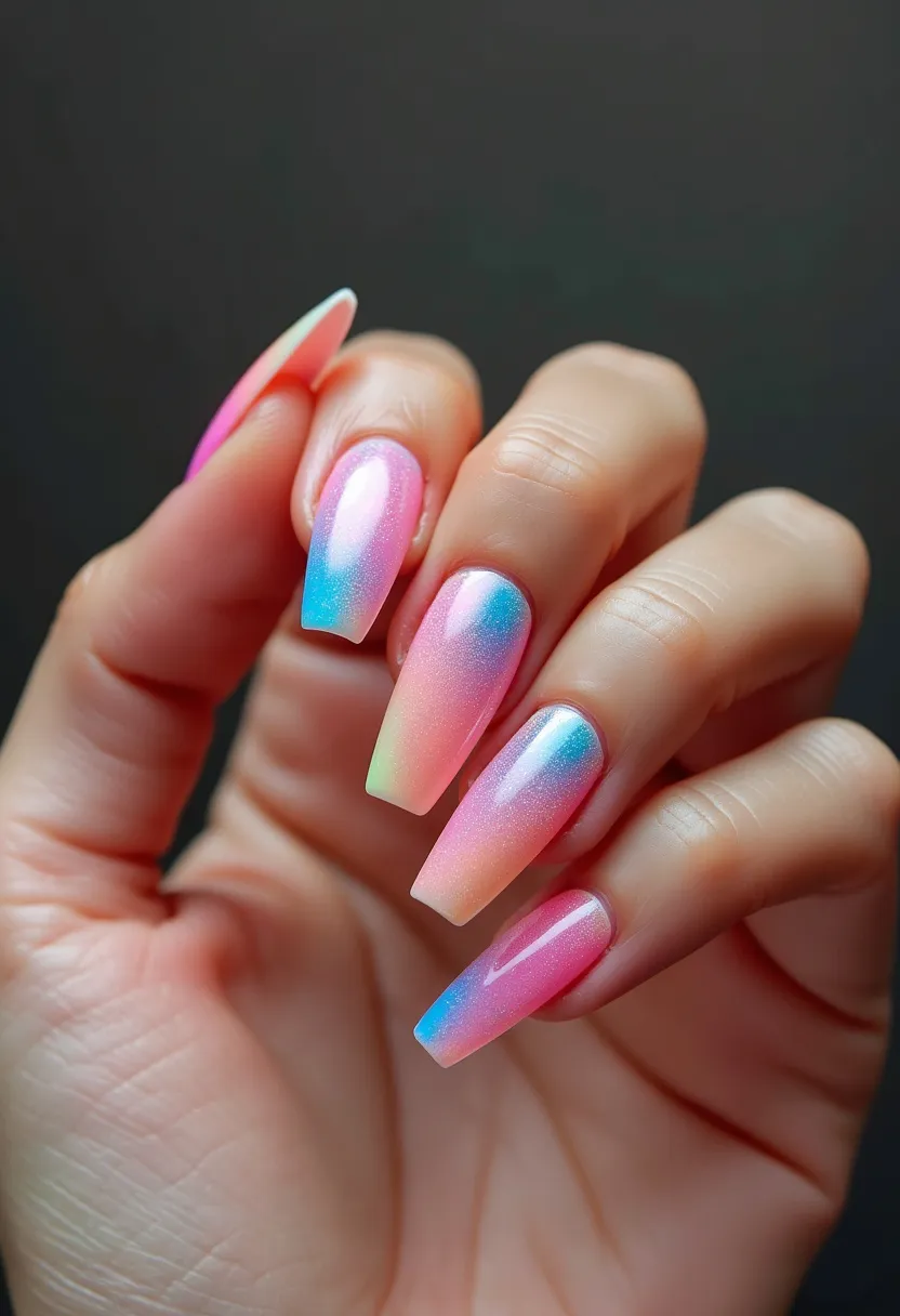 The nail design showcases a captivating blend of pastel colors, featuring shades of pink, blue, and a hint of green, seamlessly transitioning into each other in a gradient effect. The nails are filed into a stylish coffin shape, providing a modern and elegant appearance. The finish appears to have a subtle shimmer, which suggests the use of a gel or possibly shellac treatment, giving the nails a smooth and glossy finish. The design's subtle sparkle and light, airy colors lend a spring or summer feel, suitable for seasonal wear or festive occasions.