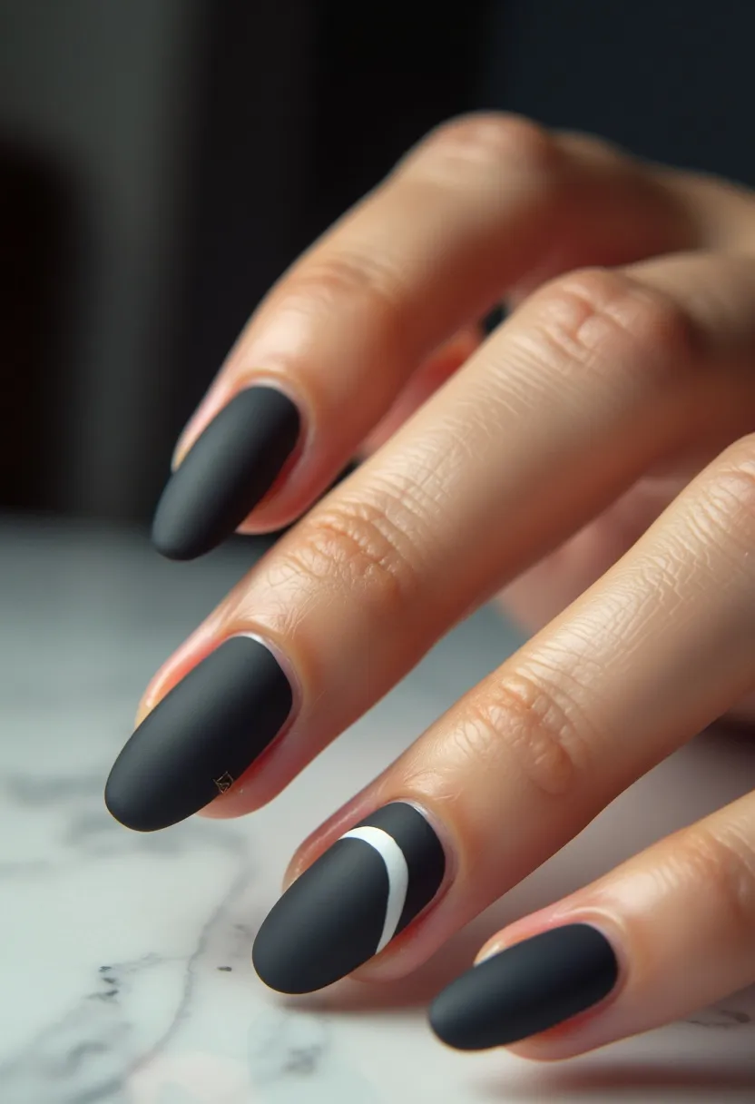 The nail design features a sophisticated matte black color palette. The nails are shaped in a medium-length almond form, providing an elegant and rounded silhouette. There are intricate white curved lines on a couple of the nails, adding a touch of contrast and visual interest against the matte black base. The design seems to be done using gel, giving it a smooth and refined finish. Small gold accents are also present, adding a subtle hint of luxury. This nail art could be suitable for both formal events and everyday wear, with its modern and understated complexity.