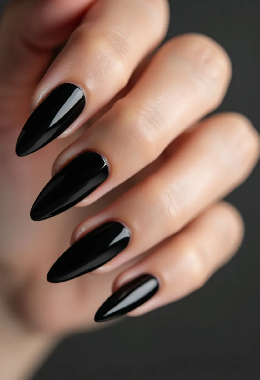 The  nail  design  features  black  nails  with  a  glossy  finish,  giving  them  a  sleek  and  polished  appearance.  The  nails  are  long  and  pointed,  with  a  slightly  curved  shape.  The  nail  treatment  appears  to  be  a  gel  or  acrylic,  as  they  are  well-defined  and  smooth.