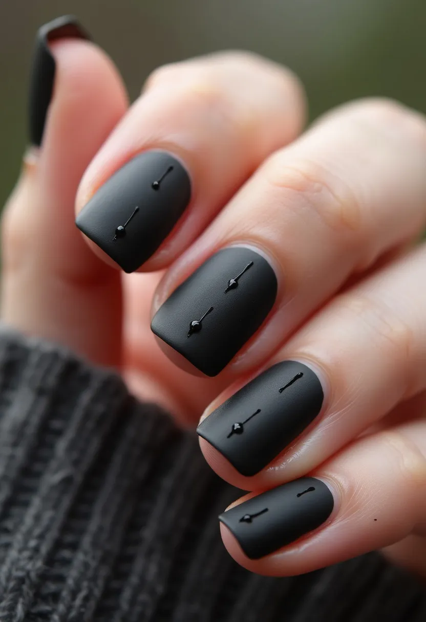 The  nail  design  features  a  black  nail  polish  with  a  unique  decoration.  The  nails  are  shaped  in  a  square  shape,  and  there  are  two  small  clocks  painted  on  the  nails.  The  clocks  are  located  on  the  middle  and  ring  fingers,  adding  a  creative  and  interesting  touch  to  the  nail  design.  The  nails  are  likely  painted  with  a  gel  or  acrylic  treatment,  as  these  types  of  nail  treatments  can  provide  a  longer-lasting  and  more  precise  application  of  intricate  patterns  and  designs.