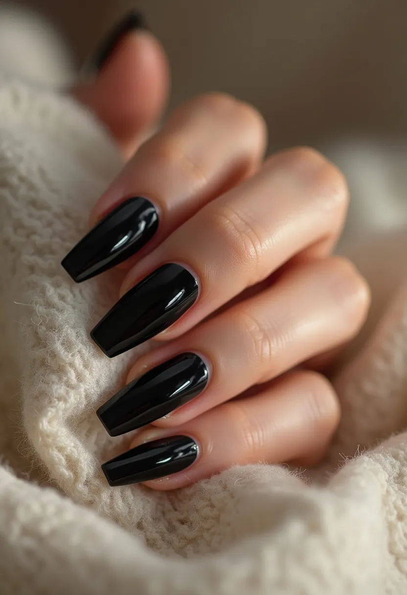 The  nail  design  features  black  nail  polish,  giving  the  nails  a  sleek  and  elegant  appearance.  The  nails  are  long  and  have  a  natural  shape,  with  no  intricate  patterns  or  decorations.  The  nail  treatment  appears  to  be  a  regular  polish,  as  there  are  no  visible  signs  of  gel,  acrylic,  shellac,  or  dip  treatments.