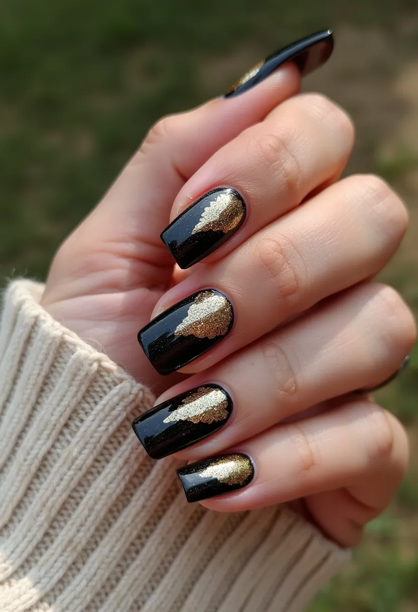 The  nail  design  features  a  black  base  with  gold  accents,  giving  it  a  sophisticated  and  elegant  appearance.  The  nails  are  shaped  in  a  square  shape,  adding  a  unique  touch  to  the  overall  design.  The  nail  treatment  used  is  gel,  which  provides  a  long-lasting  and  durable  finish.  The  combination  of  black  and  gold  colors,  along  with  the  square  shape,  creates  a  visually  appealing  and  stylish  nail  design.