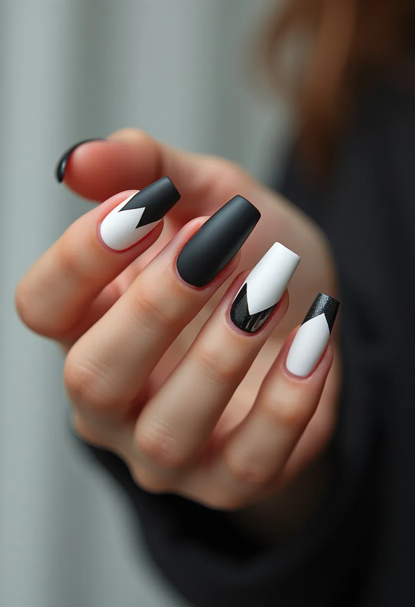 The nail design features a monochromatic color palette, utilizing black and white hues with a matte finish. The nails are shaped with a medium length and a squared-off tip, providing a modern and sleek appearance. Intricate patterns include contrasting black and white geometric designs, where some nails have a zigzag motif or a half-and-half division of colors. The precision of the lines and the glossy coating on selected portions suggest that the nails might have undergone a gel treatment. This stylish and sophisticated design is versatile, suitable for various occasions, from everyday wear to formal events, as it exudes elegance and sharp, clean lines. The absence of additional embellishments maintains a minimalist aesthetic, focusing solely on the striking contrast between the black and white colors.