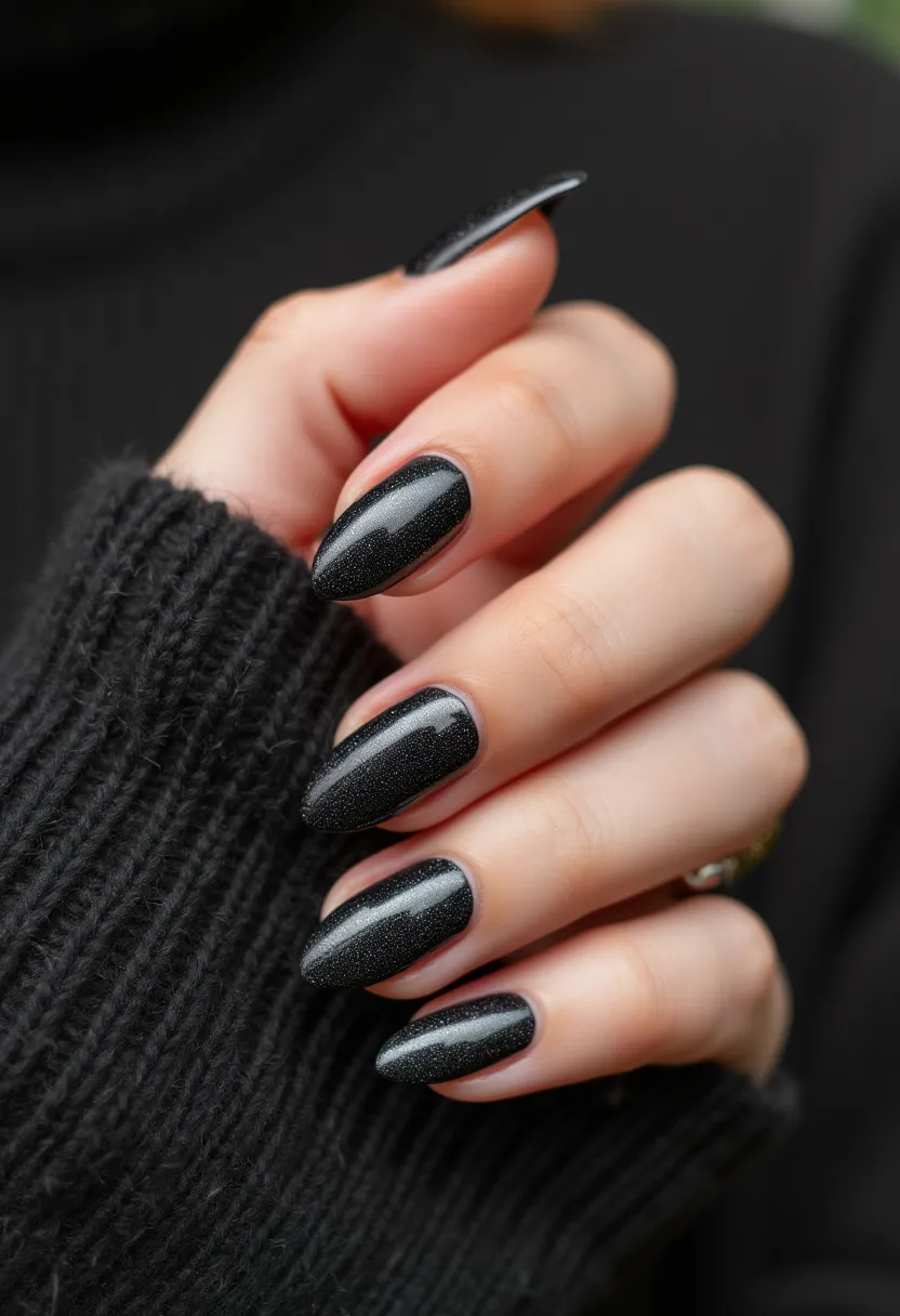 The  nail  design  features  black  nail  polish  on  the  fingernails.  The  nails  are  long  and  pointed,  giving  them  a  sleek  and  elegant  appearance.  The  nail  polish  is  applied  in  a  single  color,  creating  a  bold  and  striking  look.