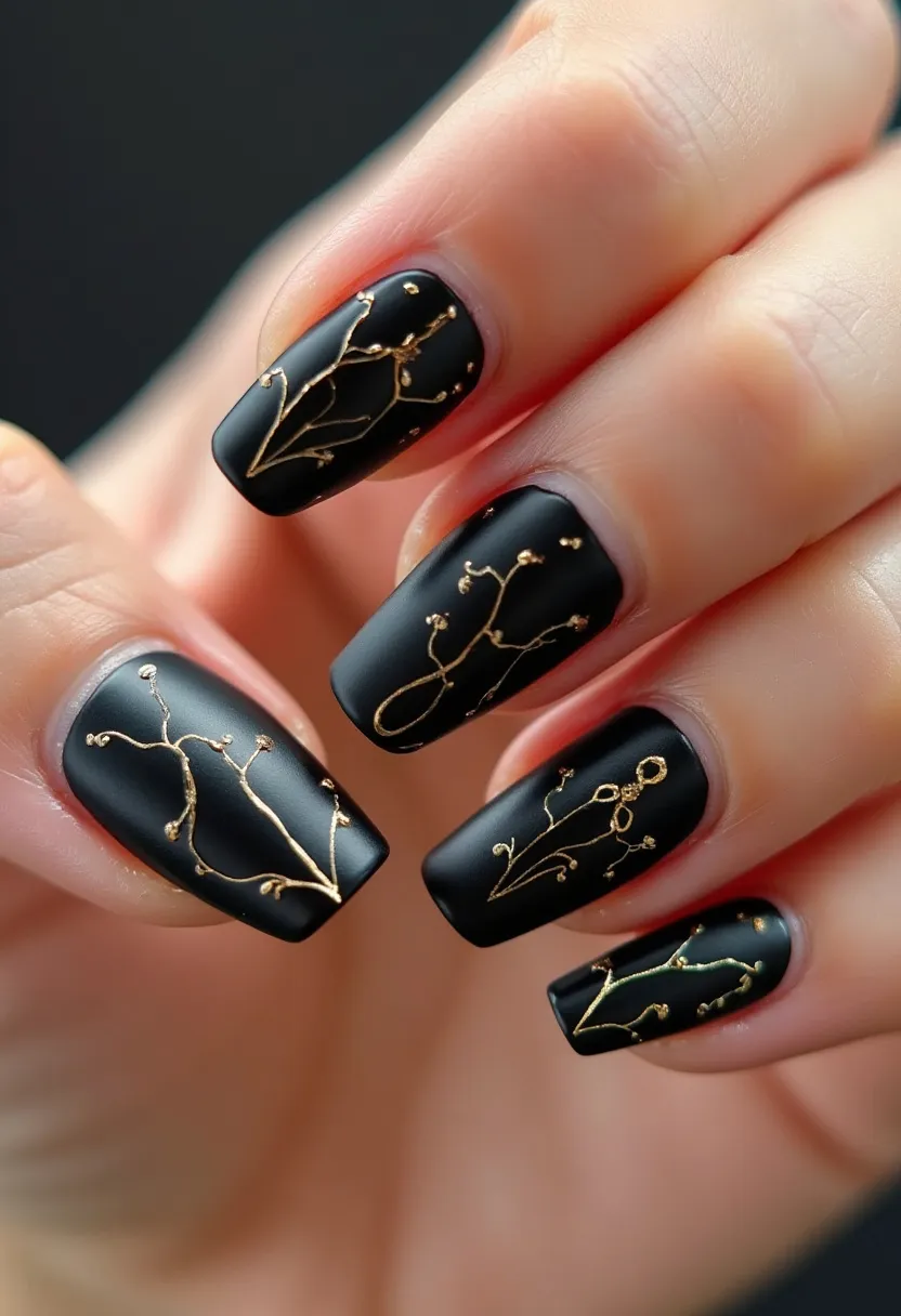 The  nail  design  features  black  nails  with  gold  accents.  The  nails  are  shaped  in  a  square  shape,  and  the  gold  accents  are  in  the  form  of  intricate  patterns  or  decorations.  The  nail  treatment  appears  to  be  gel,  as  it  is  a  common  choice  for  creating  detailed  and  long-lasting  nail  art.  The  combination  of  black  and  gold  creates  a  sophisticated  and  elegant  look,  making  it  suitable  for  special  occasions  or  seasonal  themes.