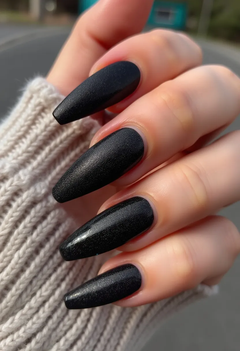 The  nail  design  features  black  nail  polish  on  the  fingernails,  which  are  long  and  pointed. The  nails  are  simply  painted  black,  creating  a  bold  and  striking  appearance.