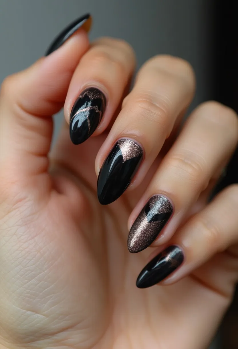 The nail design features a striking and sophisticated color palette that combines matte black and metallic bronze tones. The nails are shaped in a stylish almond form, providing an elegant and elongated appearance. The design incorporates intricate patterns, including chevron tips and diagonal geometric lines, which create a dynamic visual effect. The nail treatment appears to be gel, ensuring a glossy and durable finish. Unique details include a shimmering bronze accent that contrasts beautifully against the dark base color, adding a touch of glamour. This nail design is suitable for an elegant evening event or a special occasion, with a seasonal theme that could transition well into autumn or winter.