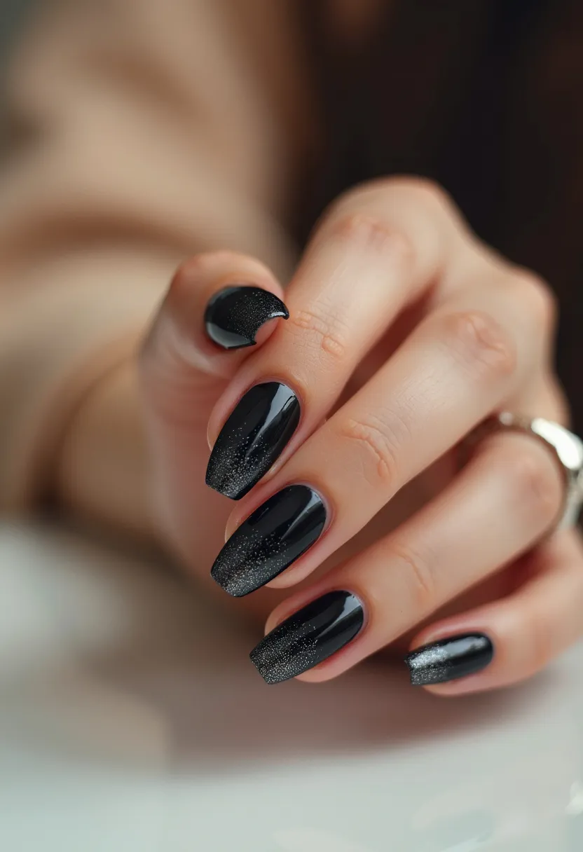 The  nail  design  features  a  black  nail  polish  with  a  glittery  pattern.  The  nails  are  shaped  in  a  square  shape,  giving  them  a  unique  and  stylish  appearance.  The  nail  treatment  appears  to  be  a  gel  or  acrylic  nail,  which  provides  a  long-lasting  and  durable  finish.  The  glittery  pattern  adds  a  touch  of  glamour  and  sophistication  to  the  overall  look,  making  it  suitable  for  special  occasions  or  as  a  seasonal  theme.