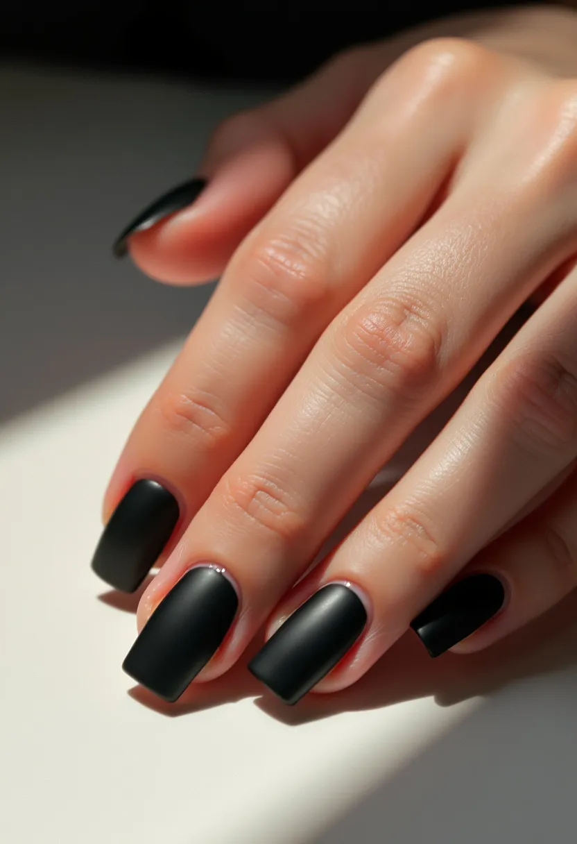 The  nail  design  features  a  black  base  color,  with  a  white  tip.  The  nails  are  long  and  have  a  natural  shape.  The  nail  treatment  appears  to  be  a  gel  or  acrylic,  as  it  is  well-defined  and  smooth.  The  design  is  simple  and  elegant,  without  any  intricate  patterns  or  decorations.  The  nails focus  on  a  classic  and  timeless  look.