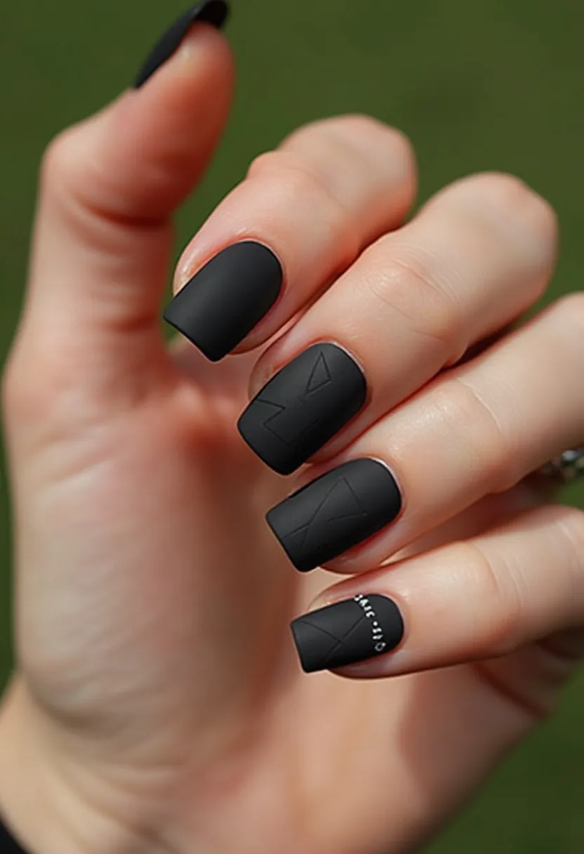 The  nail  design  features  a  black  nail  color  palette,  with  a  unique  pattern  of  a  white  triangle  on  the  nail.  The  nails  are  shaped  in  a  square  shape,  giving  them  a  distinctive  appearance.  The  nail  treatment  appears  to  be  a  gel  nail,  which  is  known  for  its  durability  and  long-lasting  results.  The  combination  of  the  black  nail  color  and  the  white  triangle  pattern  creates  a  stylish  and  eye-catching  design,  suitable  for  various  occasions  or  personal  preferences.