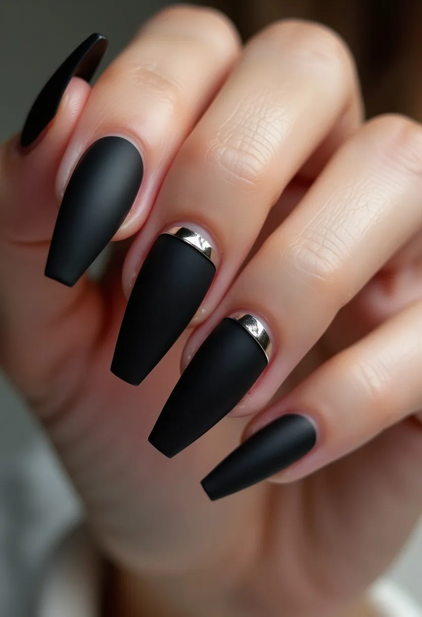 The  nail  design  features  black  nails  with  a  silver  accent.  The  nails  are  shaped  in  a  pointy  style,  and  the  silver  accent  is  placed  on  the  side  of  the  nail.  The  nail  treatment  used  is  acrylic,  which  is  a  popular  choice  for  creating  intricate  and  detailed  nail  designs.  The  combination  of  black  and  silver  creates  a  bold  and  stylish  look,  suitable  for  various  occasions  or  personal  preferences.