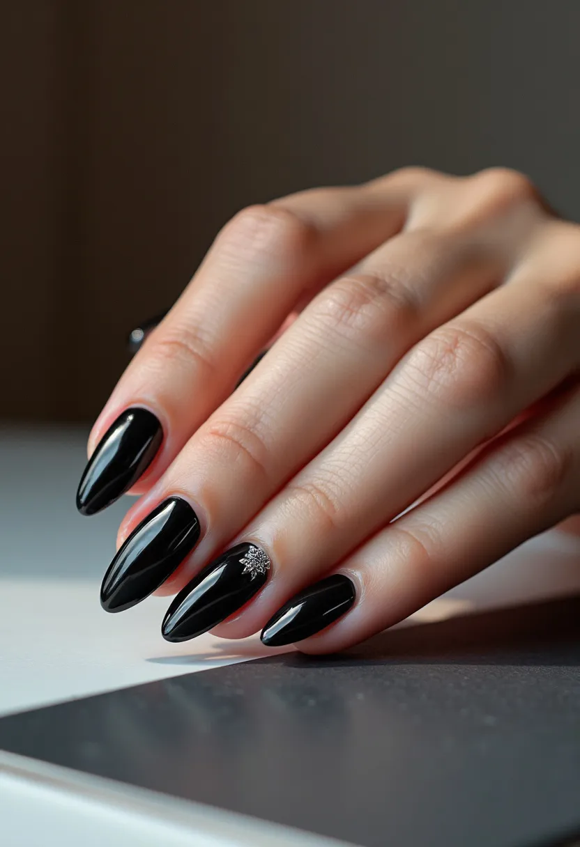 The  nail  design  features  black  nails  with  a  white  tip,  giving  them  a  unique  and  stylish  appearance.  The  nails  are  long  and  pointed,  adding  to  the  overall  aesthetic.  The  nail  color  palette  consists  of  black  and  white,  creating  a  bold  and  eye-catching  look. The  nails  appear  to  be  acrylic,  which  is  a  popular  choice  for  creating  long,  dramatic  nails.