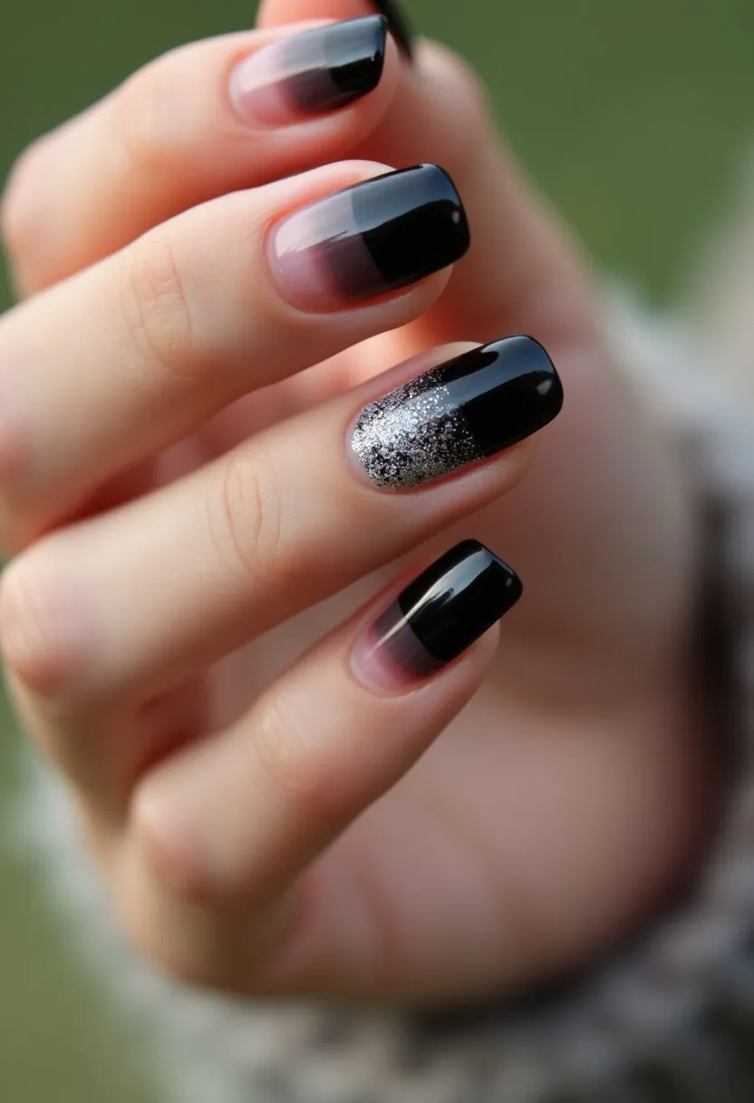 The  nail  design  features  a  black  and  white  color  palette,  with  the  nails  painted  in  a  combination  of  black  and  white.  The  nails  are  shaped  in  a  square  shape,  giving  them  a  unique  and  modern  appearance.  The  nail  treatment  appears  to  be  a  gel  or  acrylic,  as  it  is  well-defined  and  holds  its  shape.  The  design creates  a  bold  and  stylish  look  for  the  person  wearing  it.