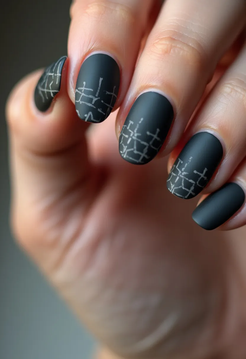 The nail design features a matte black color palette, with the nails shaped in a soft oval or almond style. Intricate white geometric line patterns adorn the tips of the nails, adding a sophisticated and contemporary flair. The design appears to be created using a gel treatment, ensuring durability and a smooth finish. This nail art could be associated with a modern, chic look suitable for everyday wear or professional settings, and it is perfect for a sleek, minimalist theme rather than a specific seasonal or festive motive.