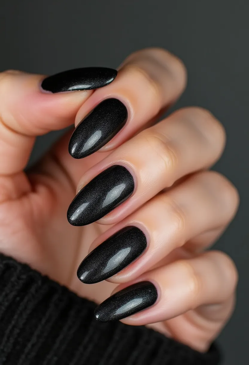 The  nail  design  features  a  black  nail  polish  on  the  fingernails.  The  nails  are  long  and  have  a  pointed  shape.  The  nail  polish  appears  to  be  a  gel  treatment,  giving  the  nails  a  smooth  and  glossy  finish.  The  nails  are  well-groomed  and  neatly  shaped,  creating  a  polished  and  elegant  appearance.