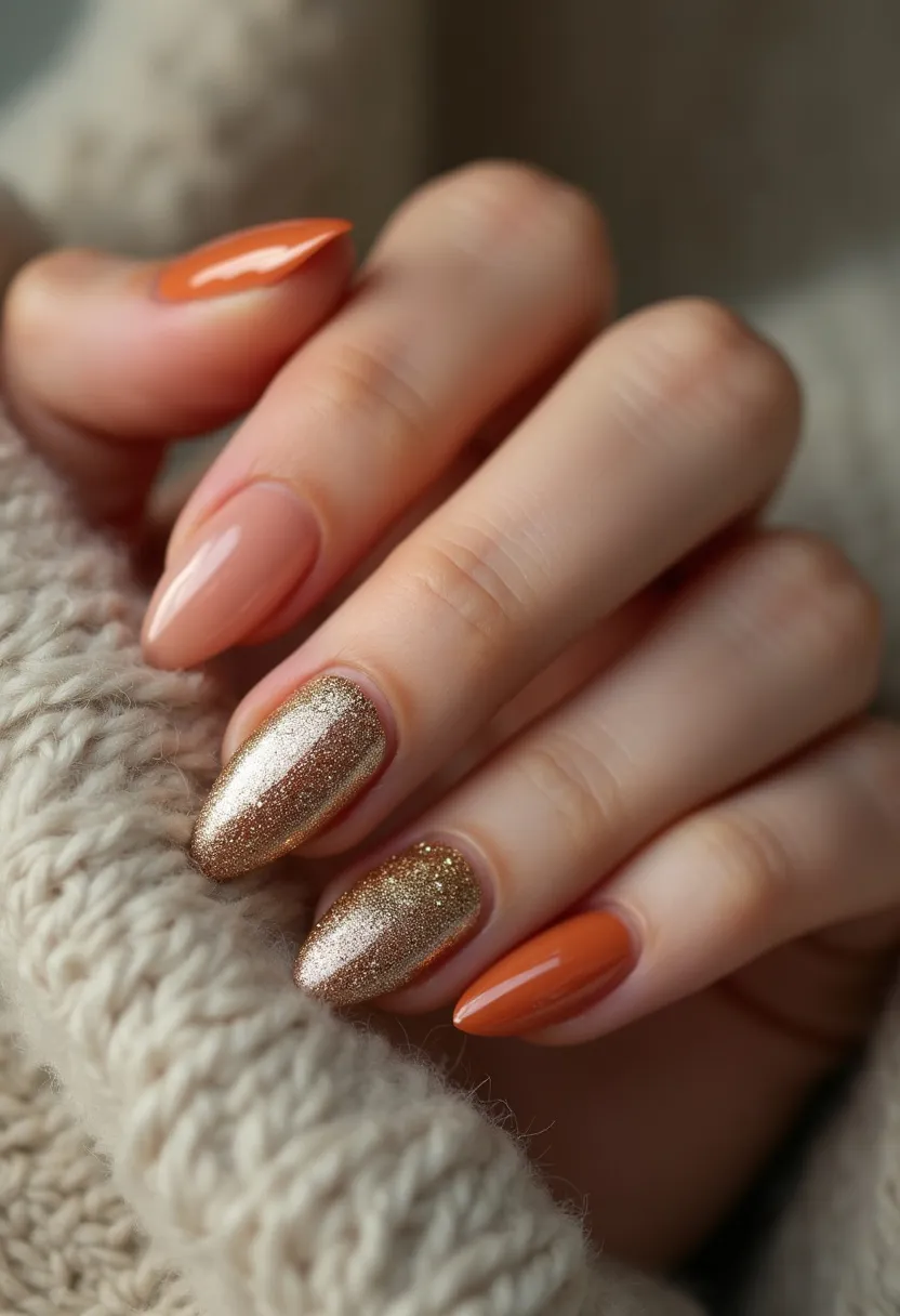 The nails exhibit an almond shape, providing an elegant and elongated look. The color palette includes a sophisticated blend of nude pink, vibrant orange, and glittering gold. The ring and middle fingernails feature a glittery gold polish, bringing a touch of glamour and festive sparkle, indicative of a possible seasonal theme like autumn or a special occasion such as a holiday celebration. The index and thumb nails are painted in a glossy orange hue, adding warmth and vibrancy, while the pinky remains in a subdued nude pink, balancing the overall design. This nail design likely utilizes a gel or shellac treatment for its glossy finish and durability.